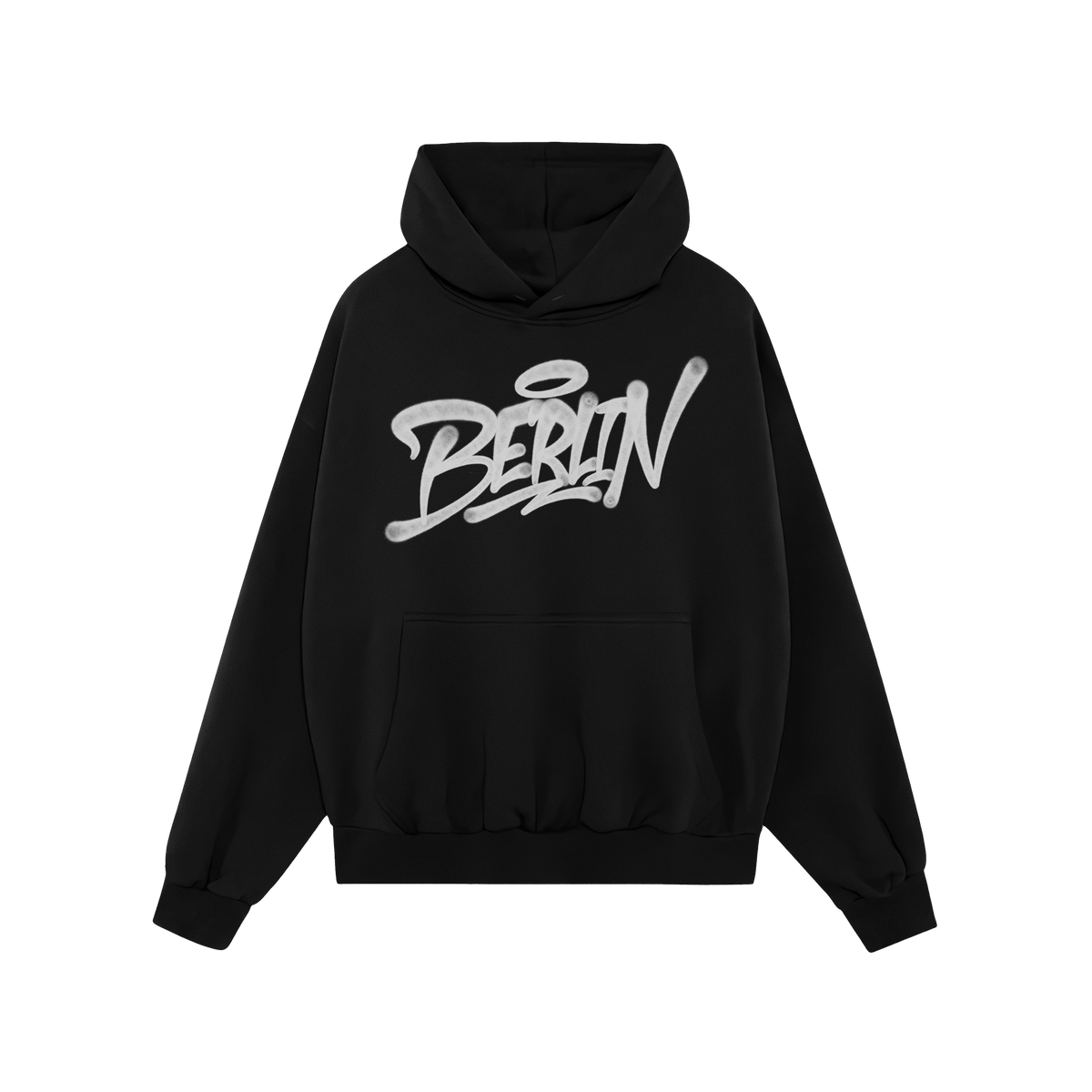 Berlin Handstyle Hoodie: Black pullover with graffiti-style Berlin text, kangaroo pocket, and drawstrings, embodying street a