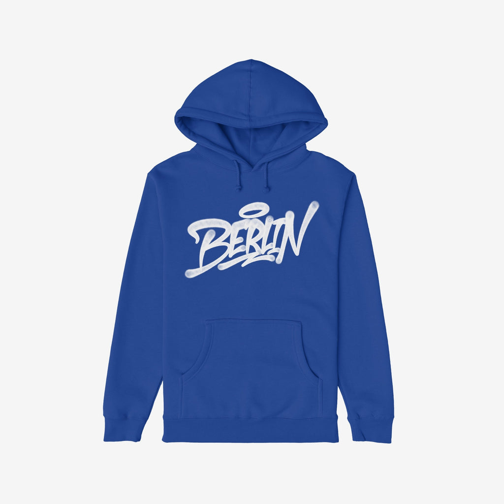Berlin Handstyle Hoodie features a cobalt-blue pullover with Berlin in white graffiti script, capturing urban street art vibes. Perfect for layering, it embodies bold, rebellious energy.