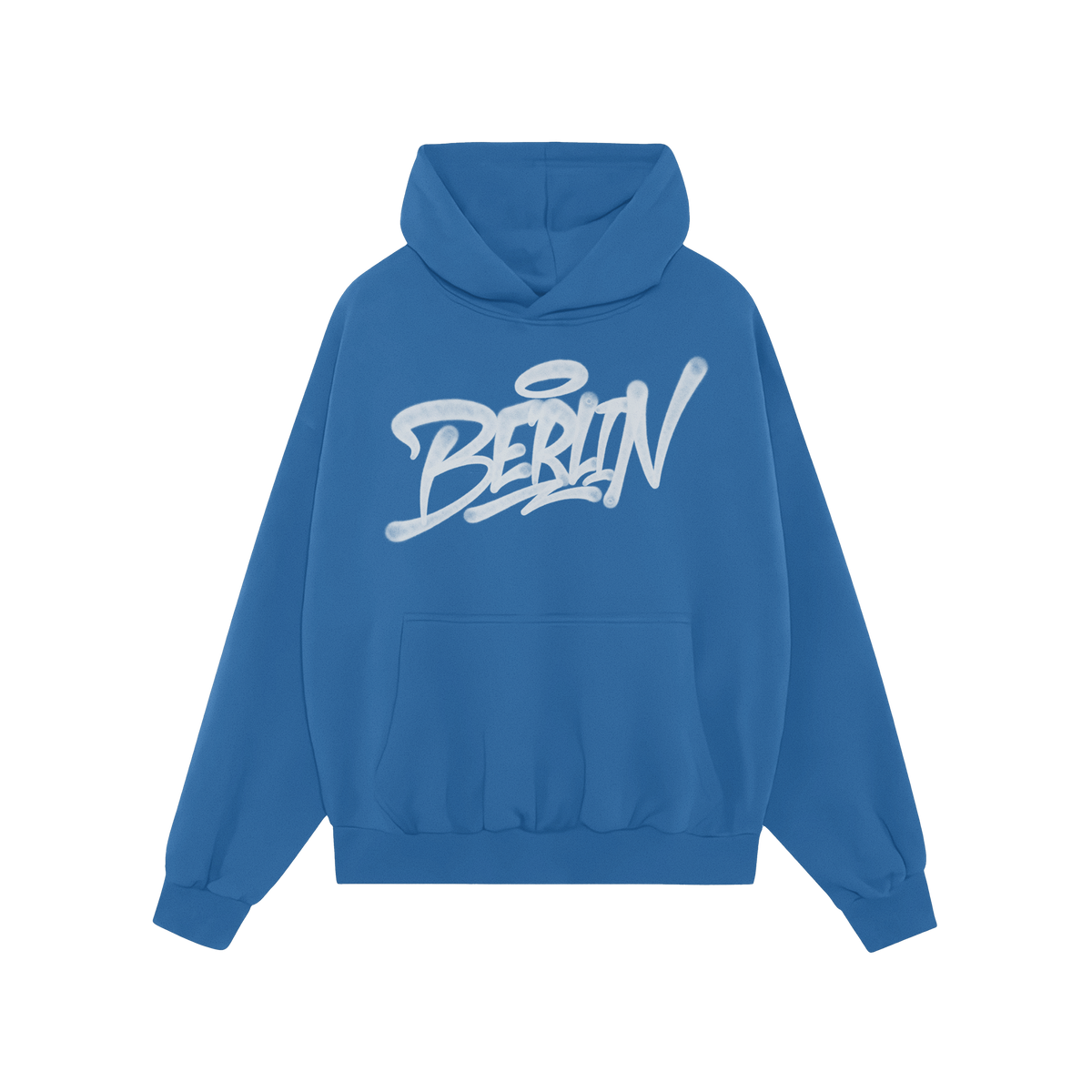 Berlin Handstyle Hoodie features a cobalt-blue pullover with Berlin in white graffiti script, capturing urban street art vibe