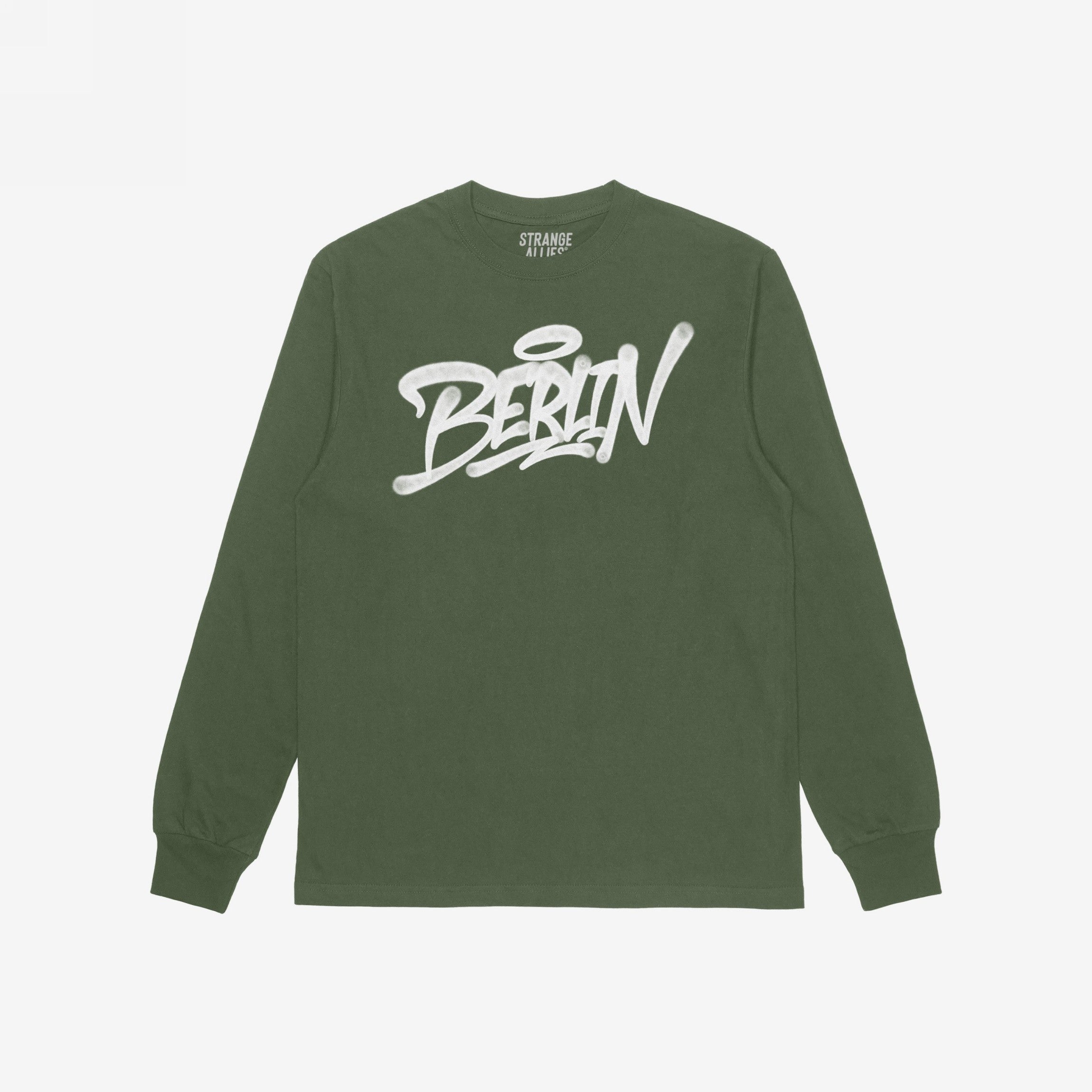 Forest-green Berlin Handstyle T-shirt by Strange Allies, featuring bold graffiti-style white script on the chest. This long-sleeved tee embodies urban attitude, perfect for expressing city pride.