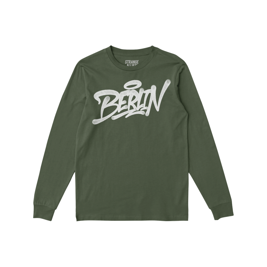 Forest-green Berlin Handstyle T-shirt by Strange Allies, featuring bold graffiti-style white script on the chest. This long-s