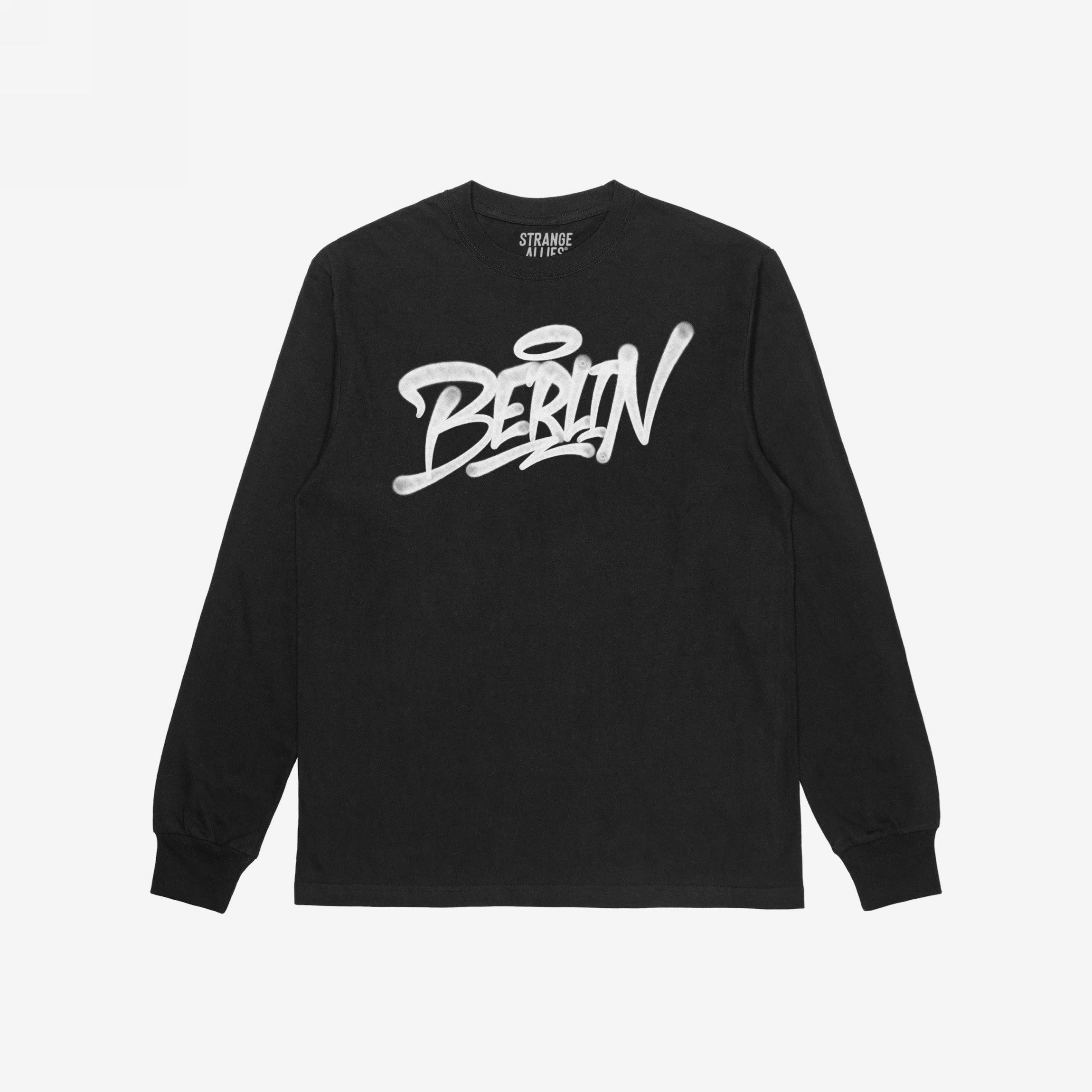 Berlin Handstyle T-shirt by Strange Allies, featuring bold graffiti-style Berlin text in white on a black, long-sleeve tee. Laid flat on white background, showcasing urban street art flair.
