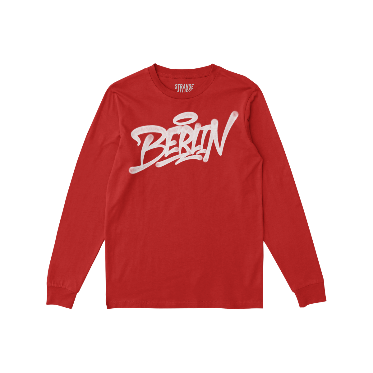 Berlin Handstyle T-shirt in red, featuring bold white graffiti-style Berlin script across the chest. Brand name Strange Allie