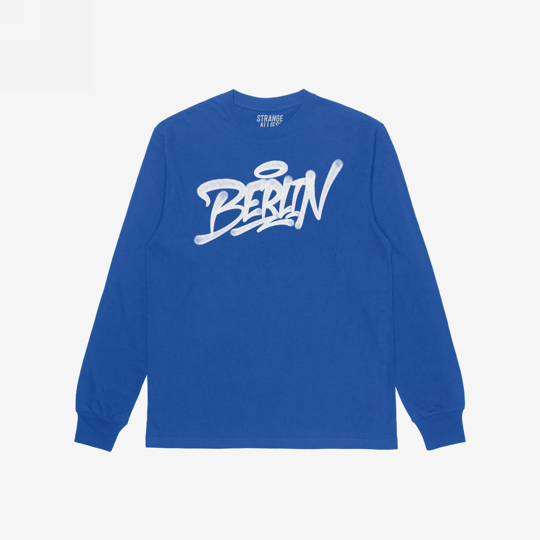 Cobalt-blue Berlin Handstyle T-shirt in graffiti-style script by Strange Allies, featuring long sleeves and bold street art vibes, perfect for urban rebels and youth culture enthusiasts.