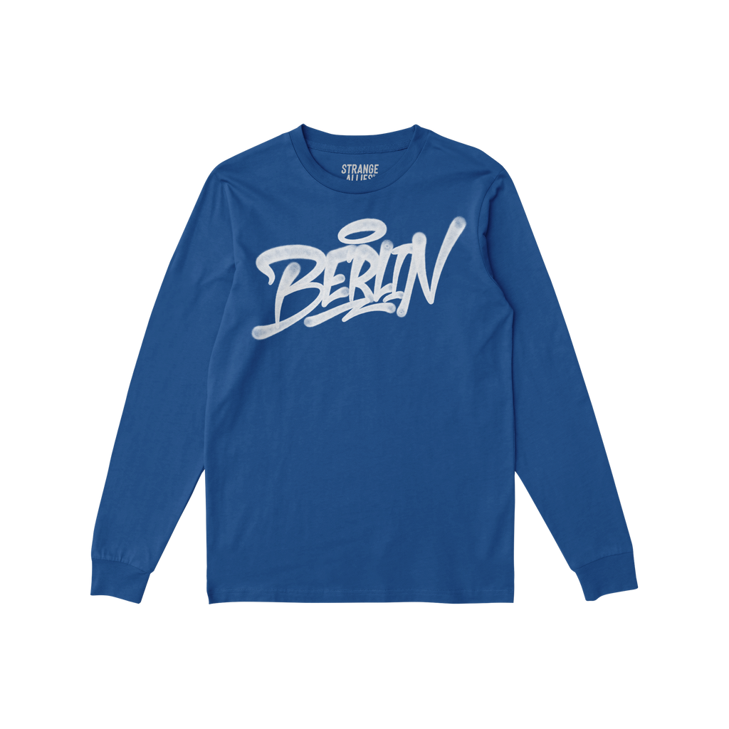 Cobalt-blue Berlin Handstyle T-shirt in graffiti-style script by Strange Allies, featuring long sleeves and bold street art v