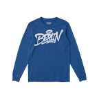 Cobalt-blue Berlin Handstyle T-shirt in graffiti-style script by Strange Allies, featuring long sleeves and bold street art v