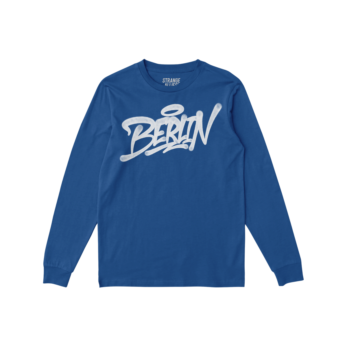 Cobalt-blue Berlin Handstyle T-shirt in graffiti-style script by Strange Allies, featuring long sleeves and bold street art v