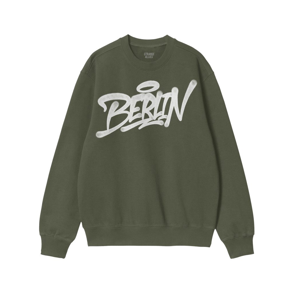 Berlin Handstyle Hoodie & Sweatshirt features a forest-green crewneck with “Berlin” in white graffiti across the chest, c