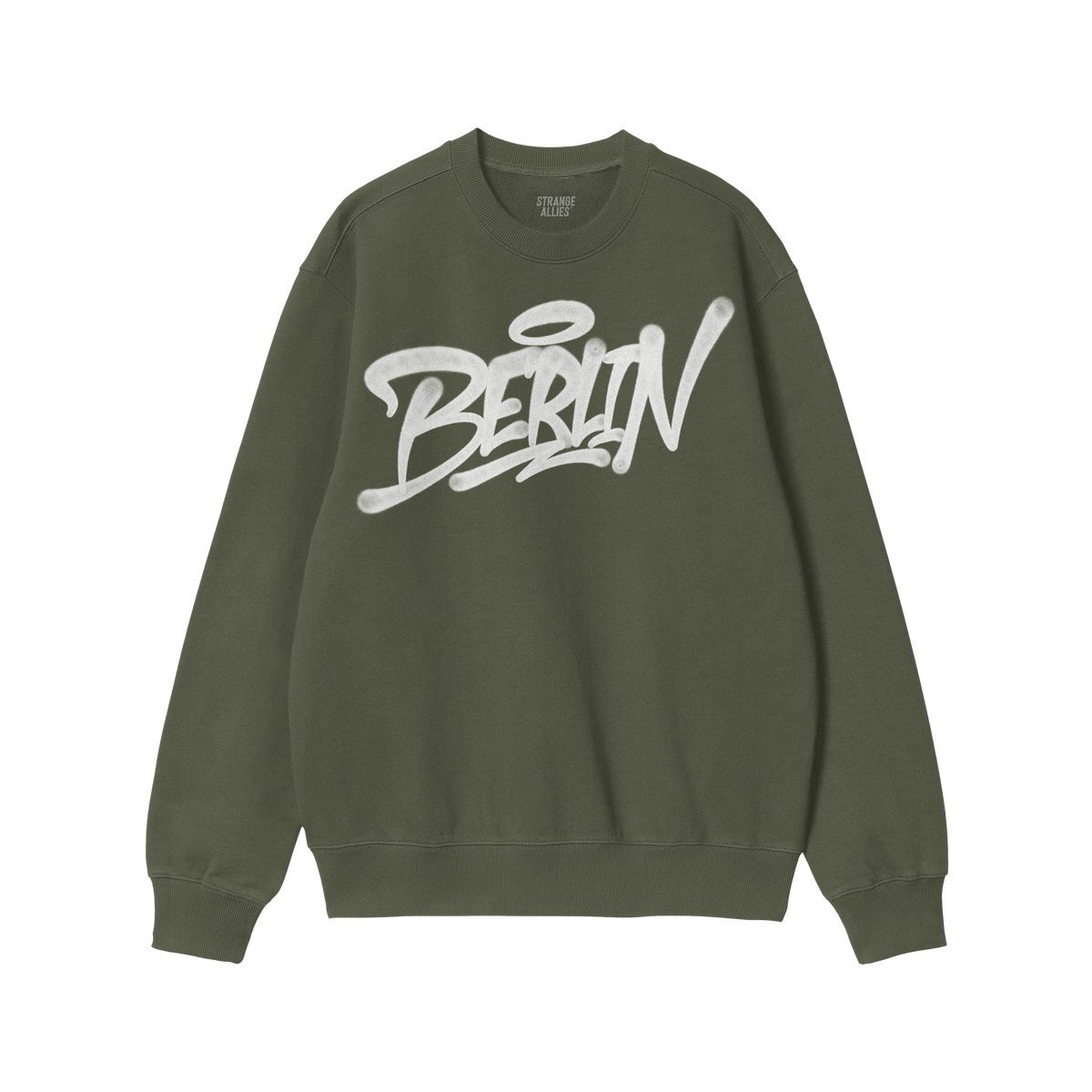 Berlin Handstyle Hoodie & Sweatshirt features a forest-green crewneck with “Berlin” in white graffiti across the chest, c