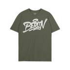 Olive-green Berlin Handstyle T-shirt featuring bold white graffiti-style text with a halo accent over the “i,” embodying 