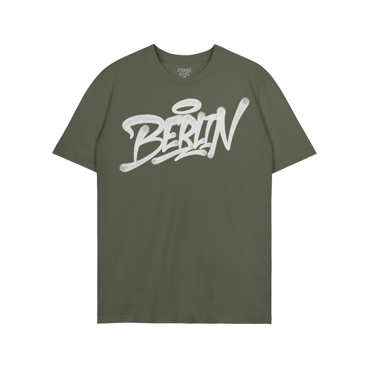 Olive-green Berlin Handstyle T-shirt featuring bold white graffiti-style text with a halo accent over the “i,” embodying 
