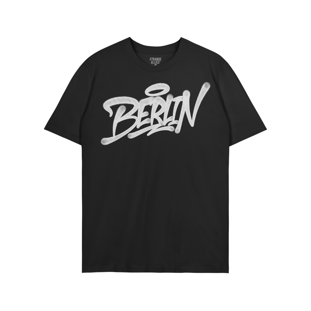 Berlin Handstyle T-shirt features bold white graffiti script Berlin on a plain black tee, embodying urban street art style. T