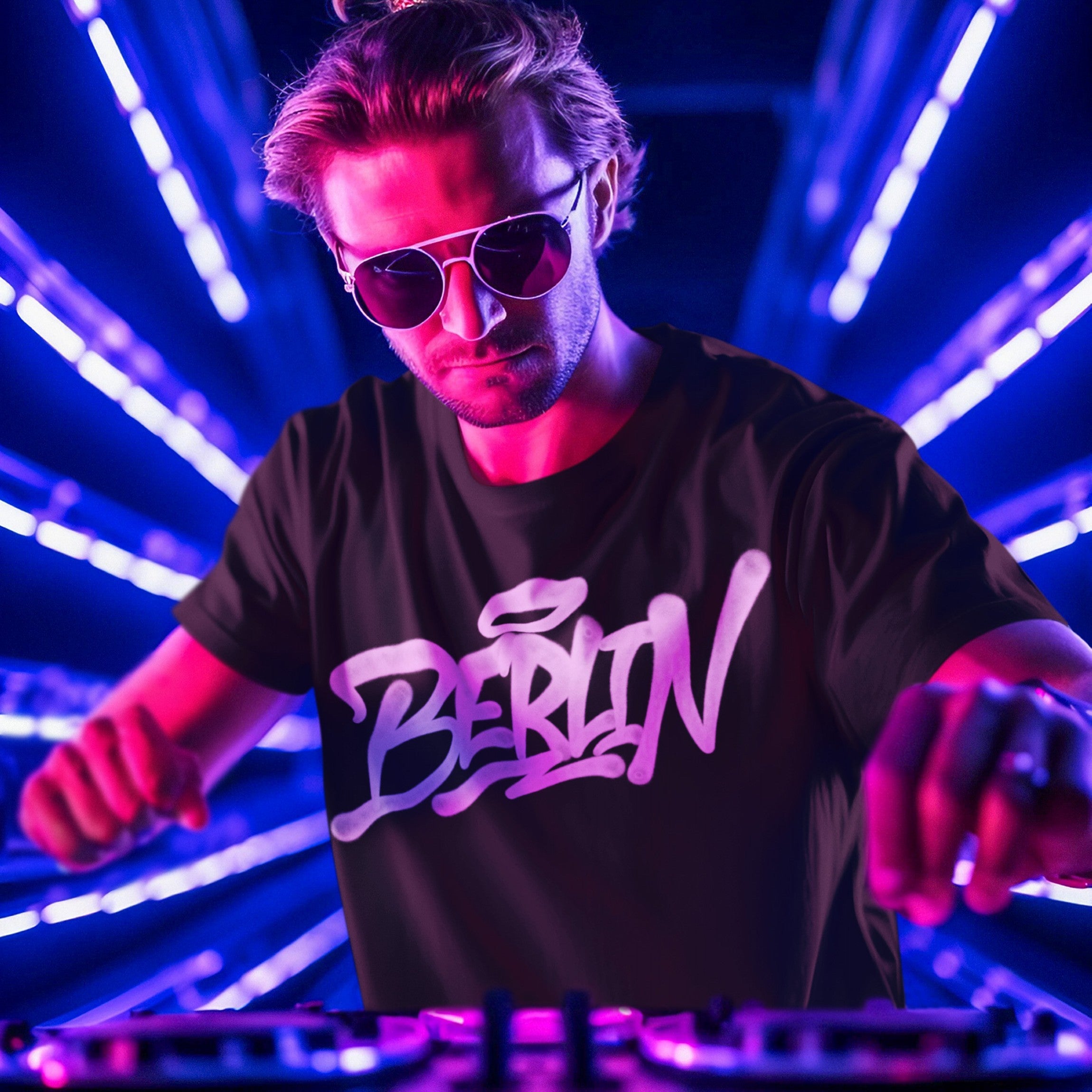 Man at DJ console in neon lights wearing the Berlin Handstyle T-shirt, showcasing bold graffiti-style lettering, embodying urban art and culture. Perfect for those expressing city pride and individuality.