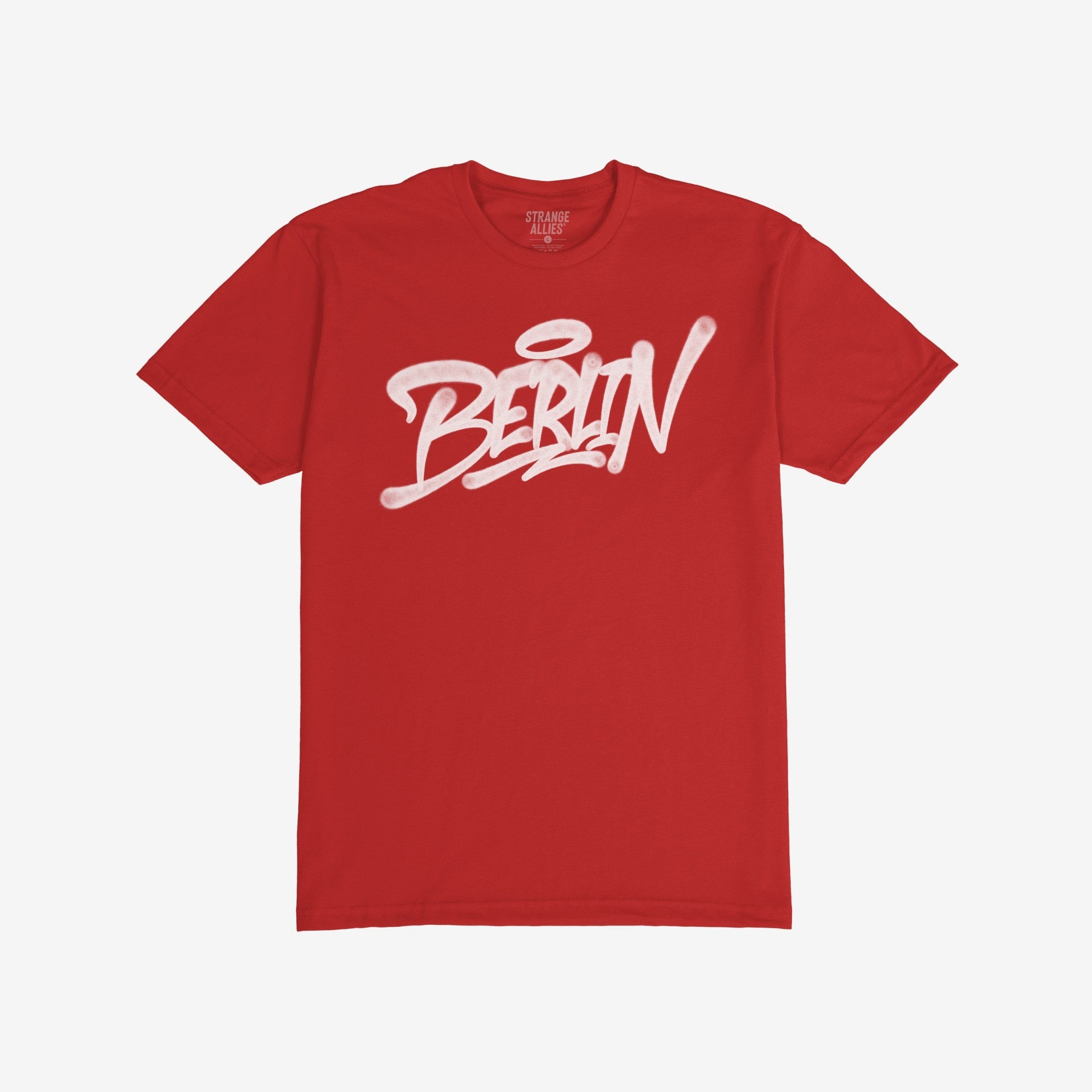 Berlin Handstyle T-shirt features bold graffiti-style Berlin text in white, embodying urban attitude on a red short-sleeve tee. Perfect for those embracing street art and city pride.