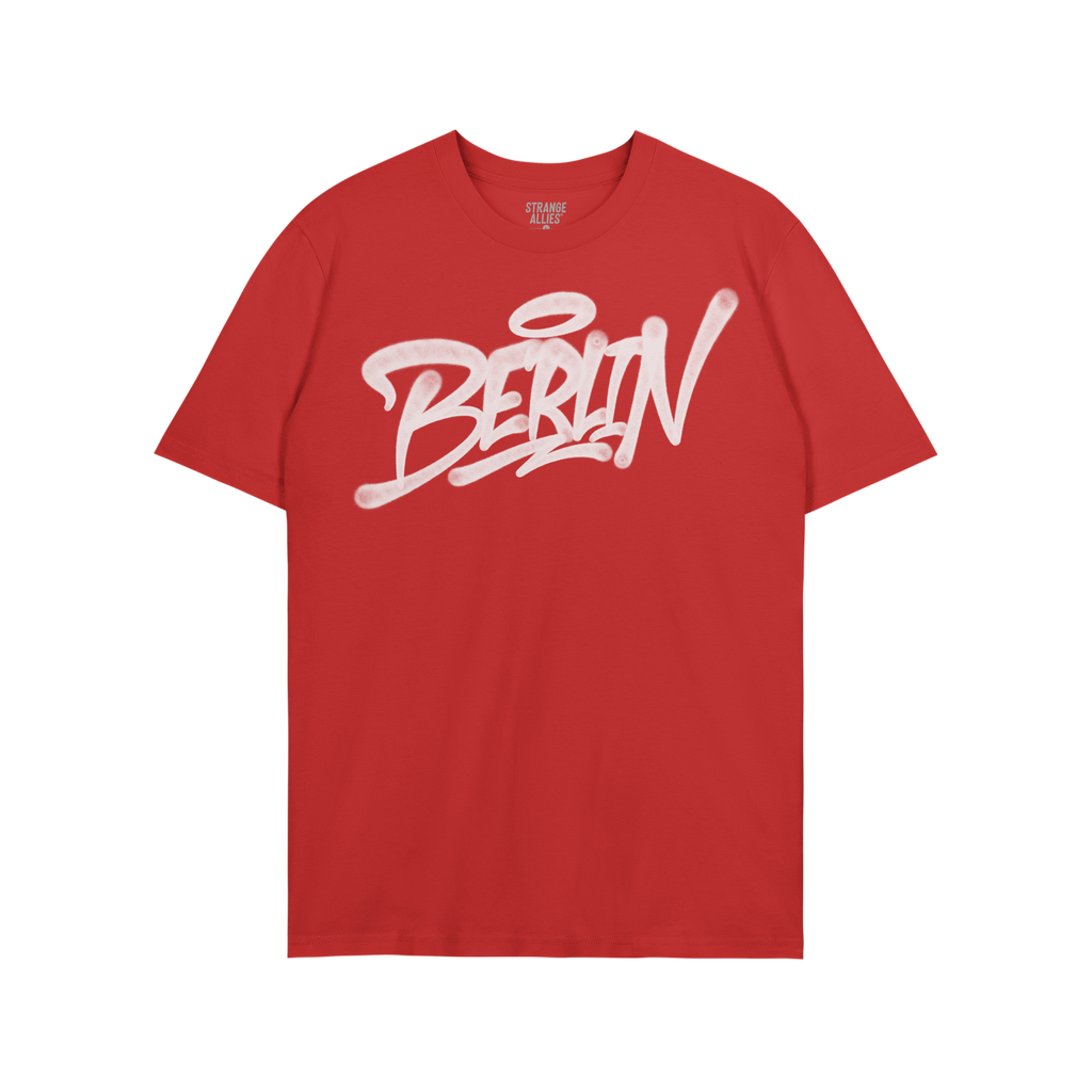 Berlin Handstyle T-shirt features bold graffiti-style Berlin text in white, embodying urban attitude on a red short-sleeve te