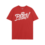 Berlin Handstyle T-shirt features bold graffiti-style Berlin text in white, embodying urban attitude on a red short-sleeve te