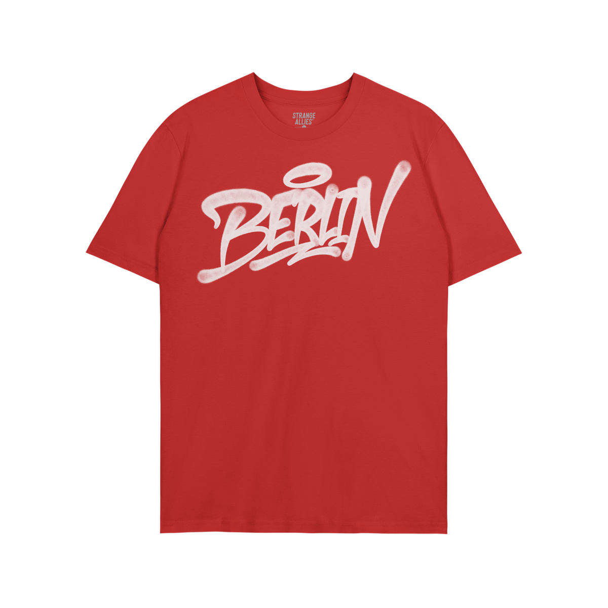 Berlin Handstyle T-shirt features bold graffiti-style Berlin text in white, embodying urban attitude on a red short-sleeve te