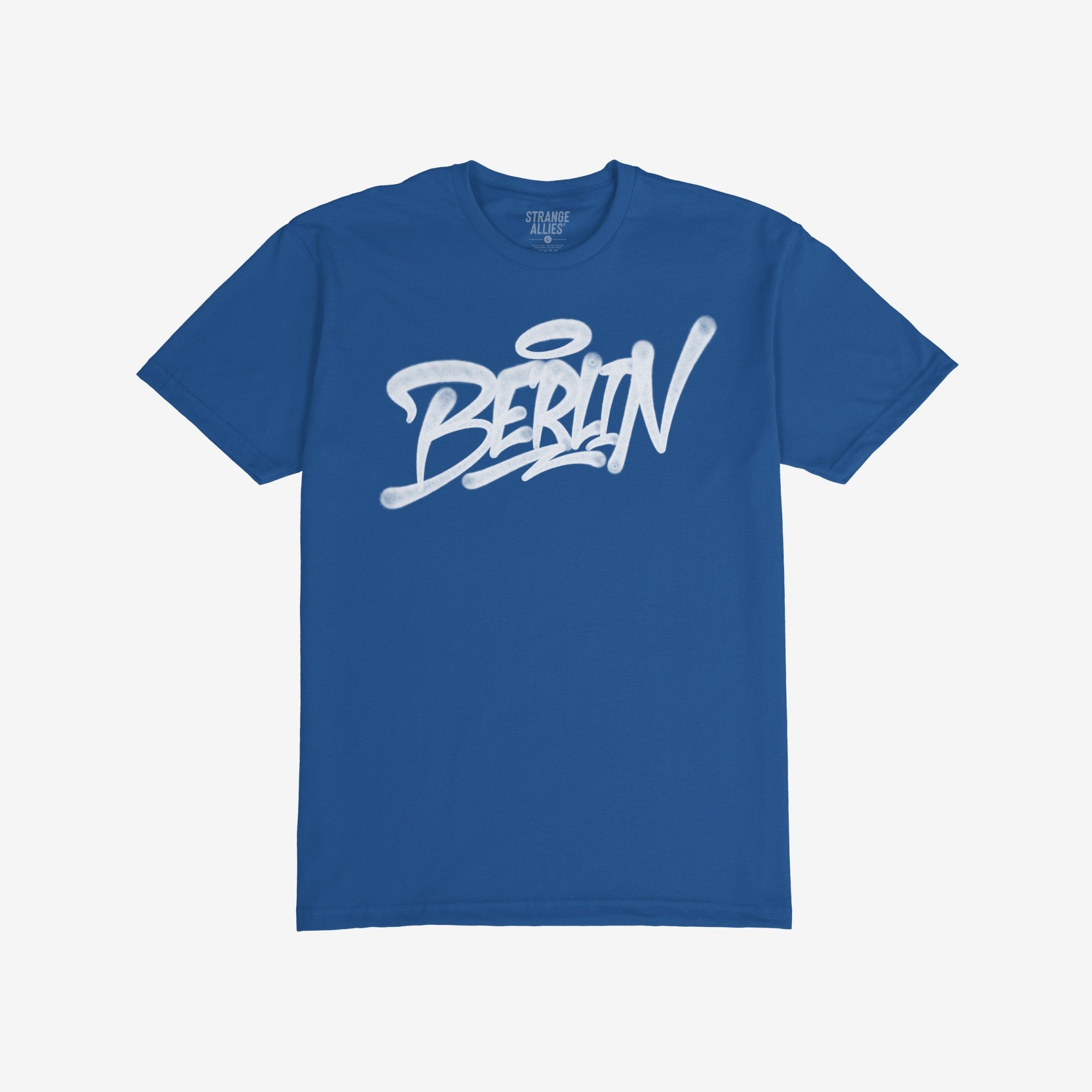 Berlin Handstyle T-shirt features a white graffiti-style BERLIN graphic across the chest, embodying urban spirit and artistic flair. The neckline showcases the brand “STRANGE ALLIES.” Available in various styles and sizes.