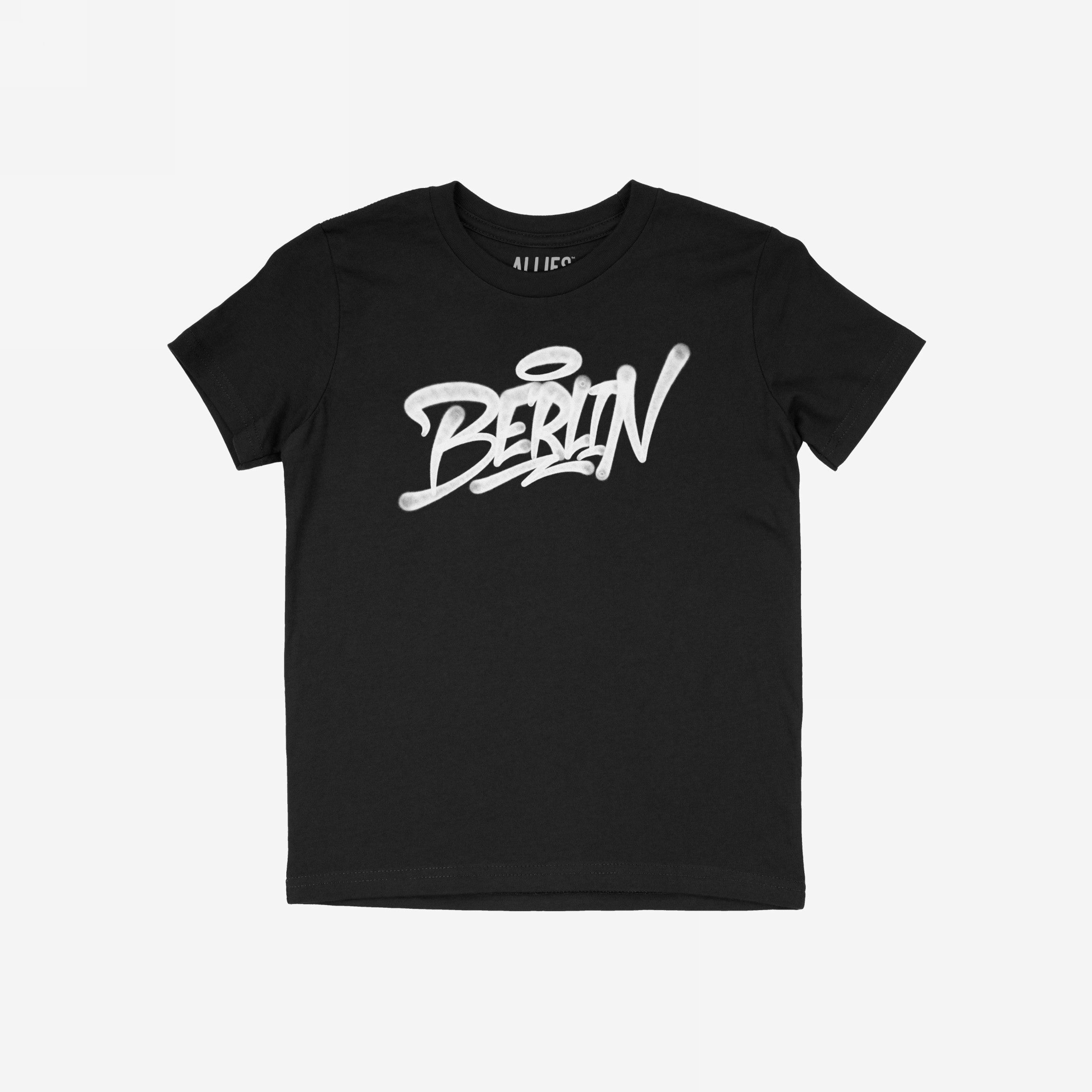 Berlin Handstyle T-shirt featuring bold graffiti-style Berlin script in white on a black tee, exemplifying urban attitude and street art-inspired design. Ideal for expressing city pride and rebellious spirit.