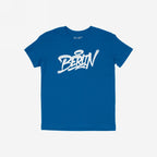 Berlin Handstyle T-shirt features BERLIN in white graffiti script with a halo accent, on a bright blue short-sleeved tee, embodying urban street art and bold personal expression.