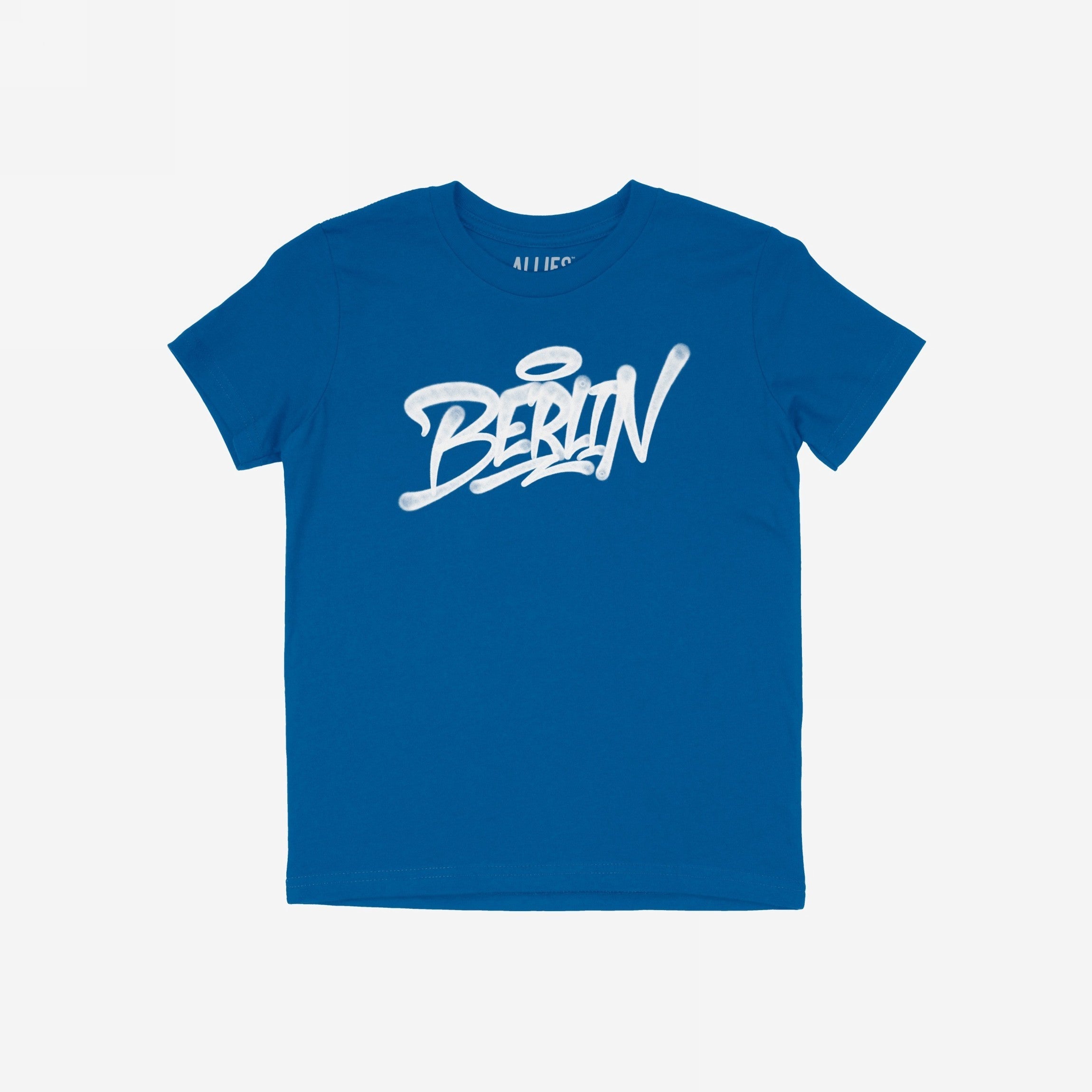 Berlin Handstyle T-shirt features BERLIN in white graffiti script with a halo accent, on a bright blue short-sleeved tee, embodying urban street art and bold personal expression.