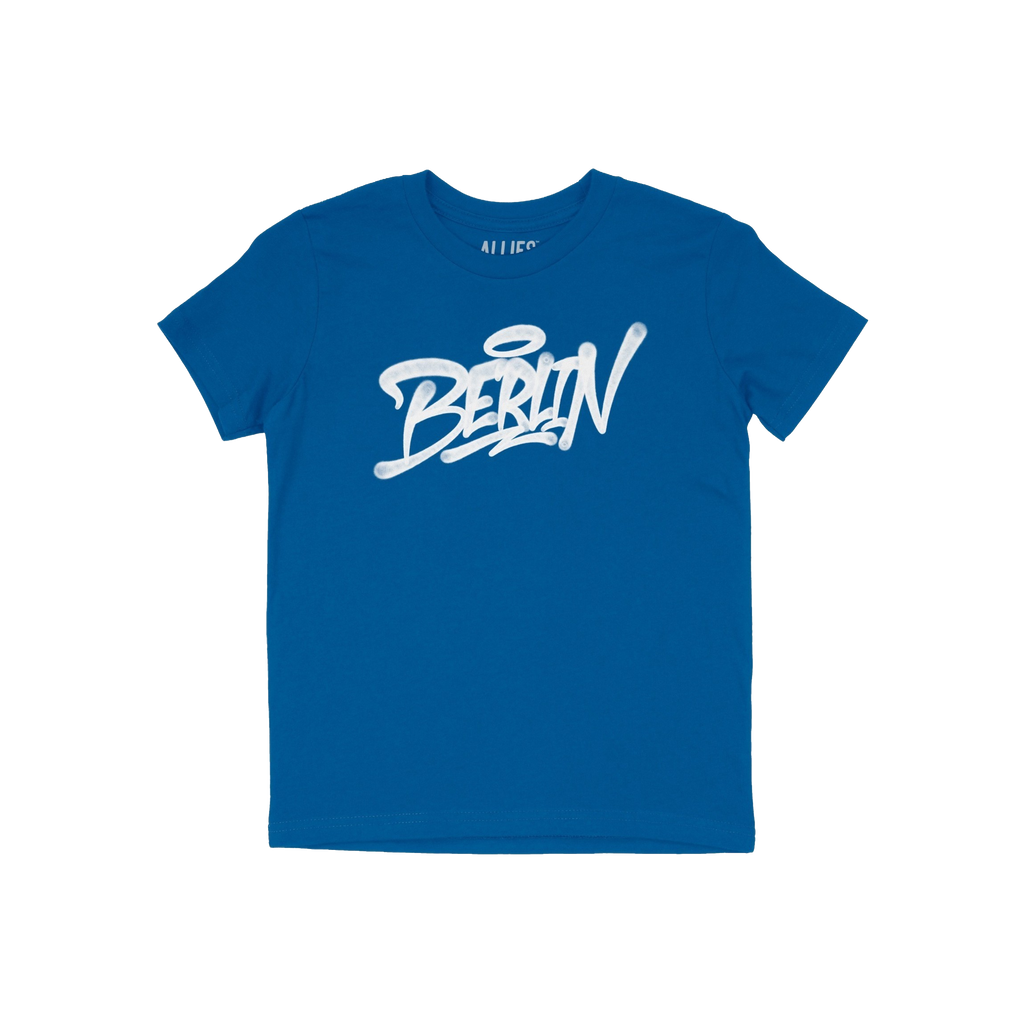 Berlin Handstyle T-shirt features BERLIN in white graffiti script with a halo accent, on a bright blue short-sleeved tee, emb