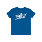 Berlin Handstyle T-shirt features BERLIN in white graffiti script with a halo accent, on a bright blue short-sleeved tee, emb