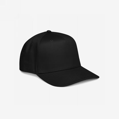 5-Panel Hat In Custom Colors, featuring a plain black design with a structured fit and curved brim, ideal for customization with bold, political messages. Perfect for activists with its adjustable snapback closure.