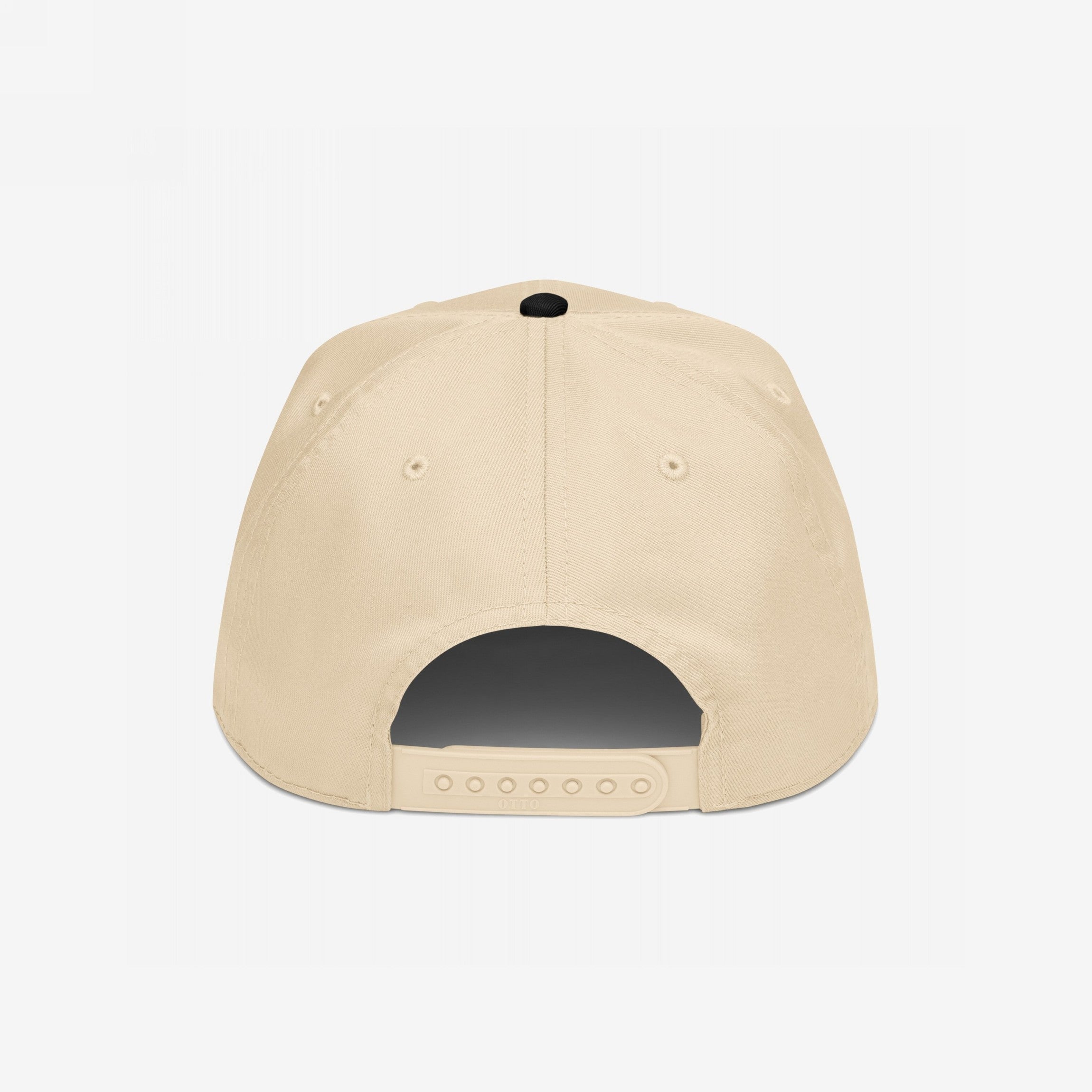 Back view of the 5-Panel Hat in Custom Colors, featuring a light-tan design with a snap-closure strap, stitching panels, and ventilation eyelets, ideal for bold, customizable activist statements.