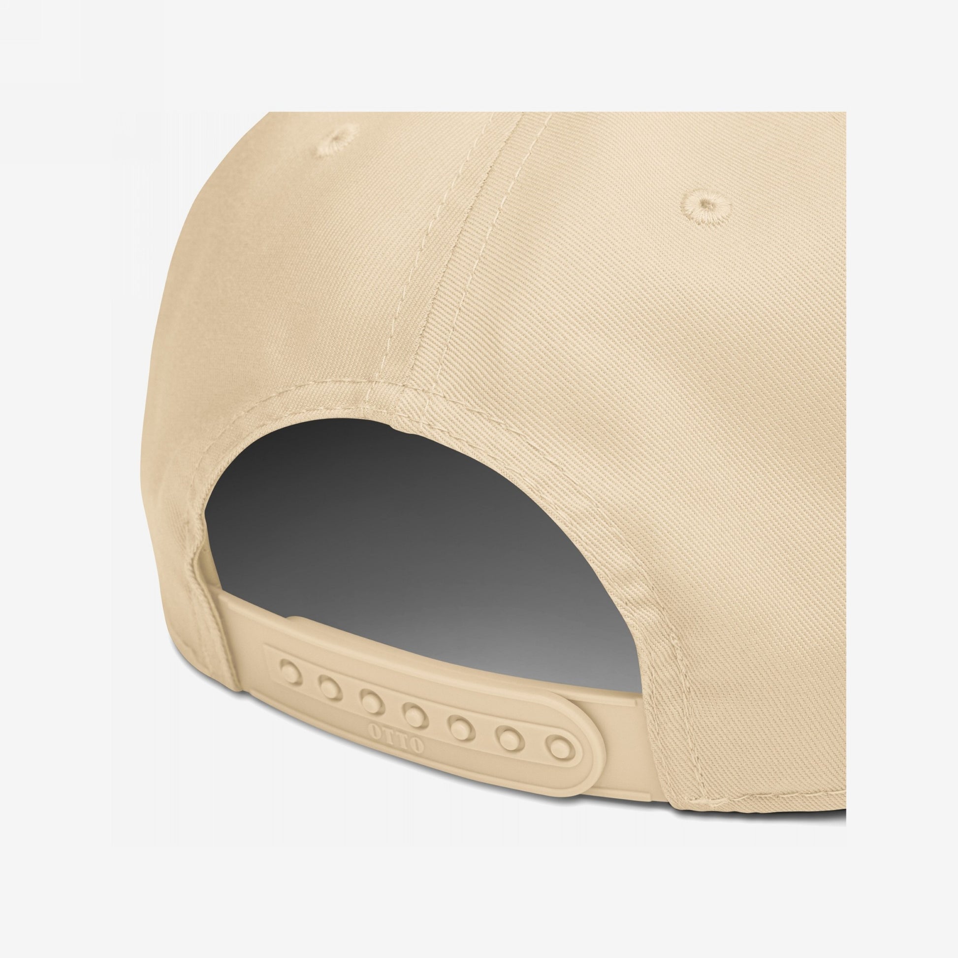Close-up of the back of the 5-Panel Hat In Custom Colors, showcasing the beige fabric, detailed stitching, airflow eyelets, and adjustable snap closure with OTTO branding, ideal for activists and organizers.