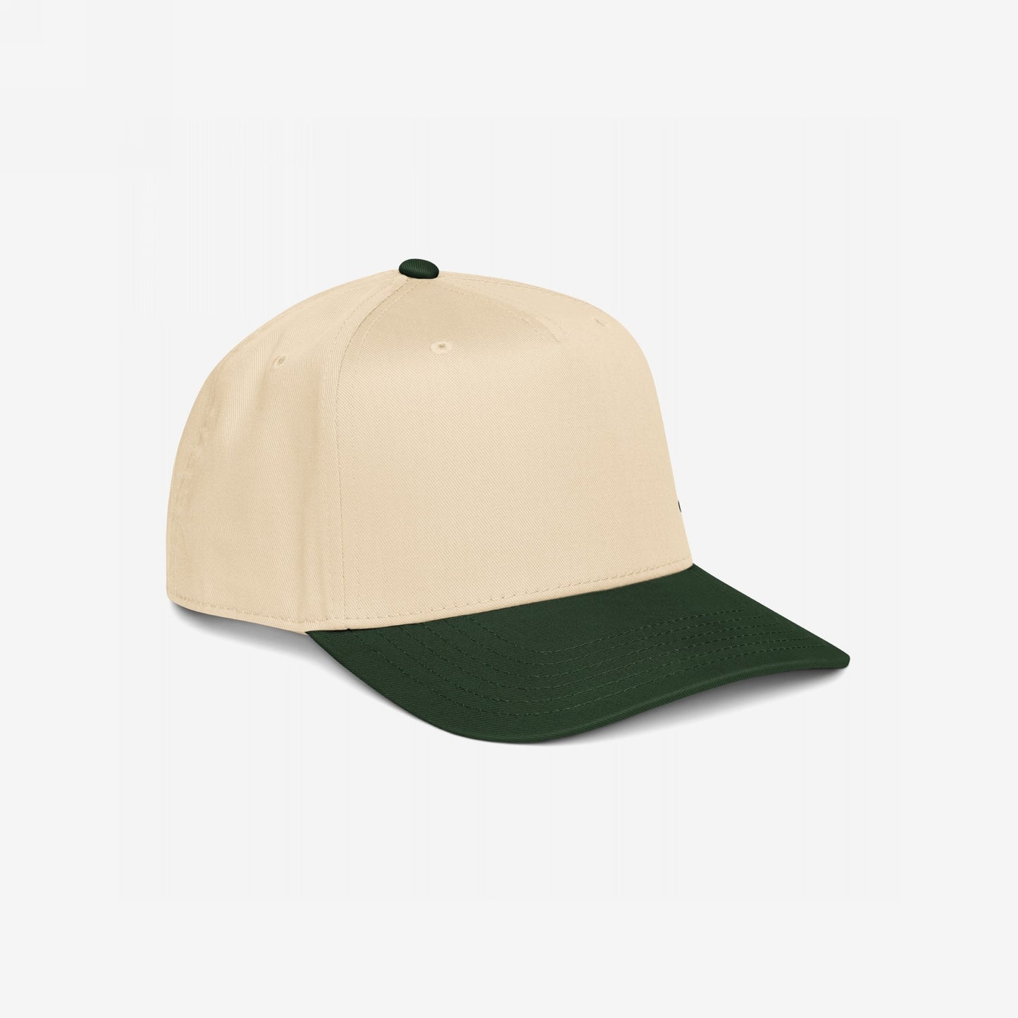 5-Panel Hat In Custom Colors: A two-toned baseball cap with a light beige crown and dark forest green brim, featuring a structured fit and adjustable snap closure, ready for your custom embroidery message.