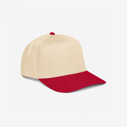 5-Panel Hat In Custom Colors featuring a light beige crown and bright red visor, offering a structured, mid-profile fit. Ideal for activists, this cap invites customization with powerful, embroidered designs.