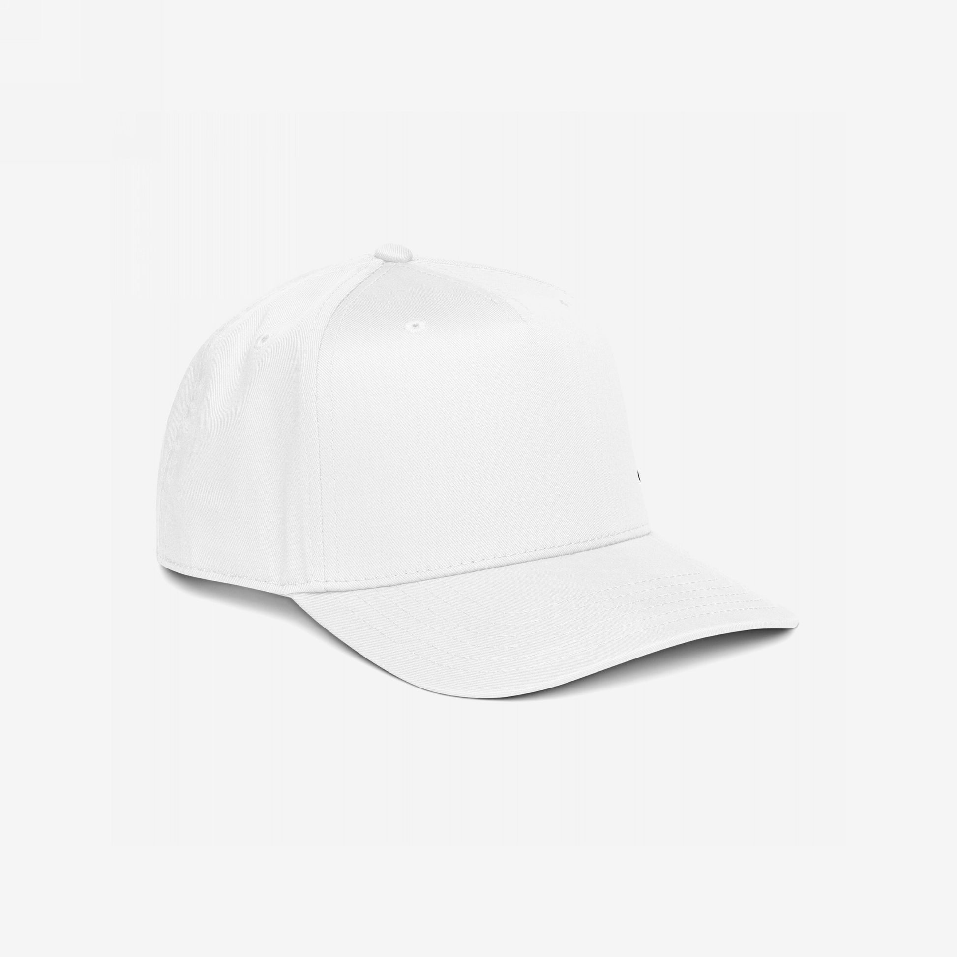 5-Panel Hat In Custom Colors, featuring a plain white baseball-style cap with a curved brim, ready for unique, bold embroidered designs reflecting anti-fascist and activist messages. Ideal for outspoken individuals.