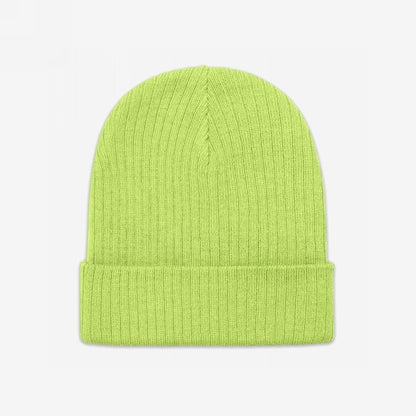 Knit Beanie In Custom Colors with a ribbed design, seamless top, and folded cuff, perfect for showcasing bold political embroidery. Made from recycled materials for warmth, comfort, and style.