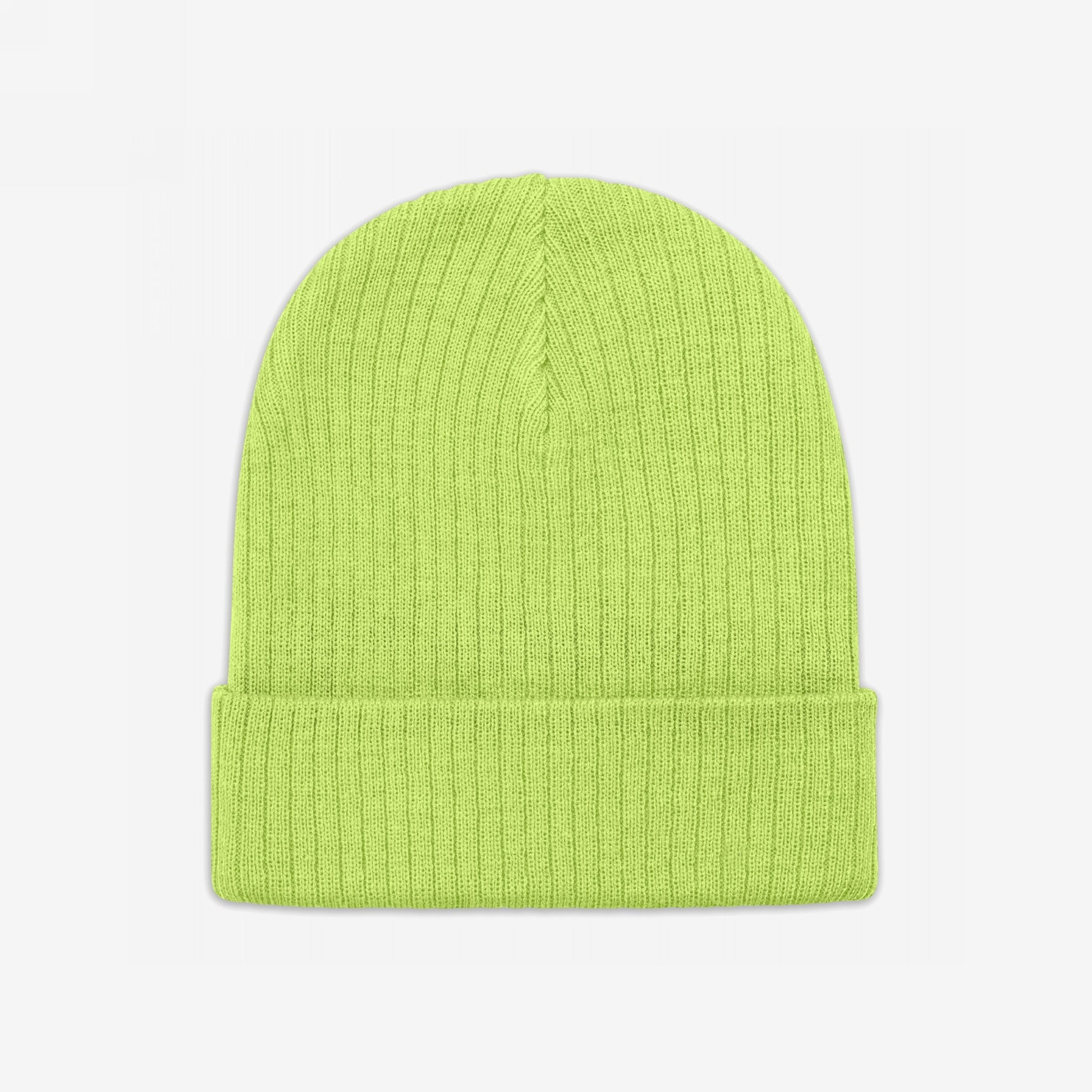 Knit Beanie In Custom Colors: A bright lime-green rib-knit beanie featuring a folded cuff, perfect for displaying anti-fascist or protest embroidery designs, ideal for warmth and making a statement.
