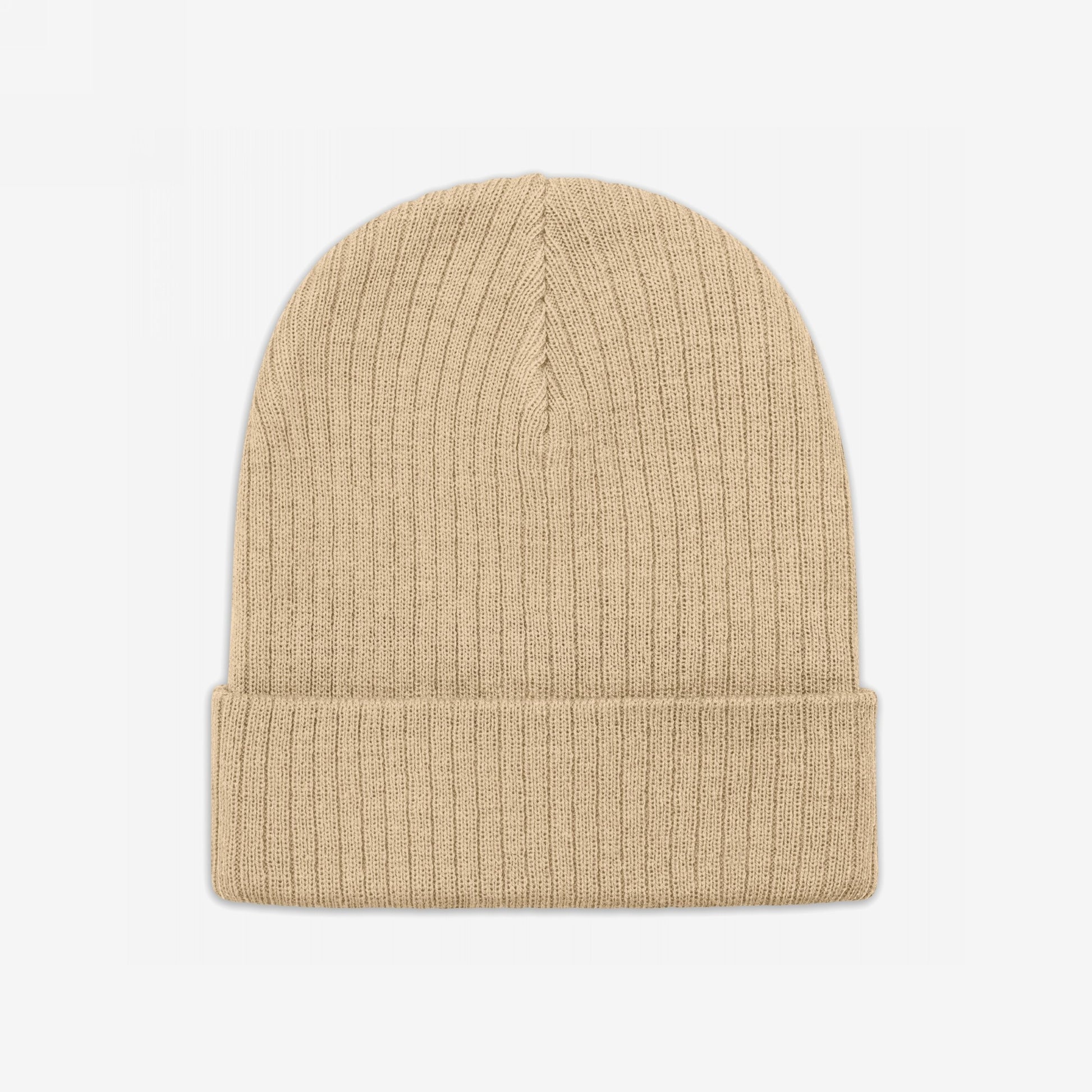 Knit Beanie In Custom Colors showcases a rib-knit, folded-cuff design in light beige, made from soft recycled polyester. Ideal for expressing bold political messages, it combines warmth with style.