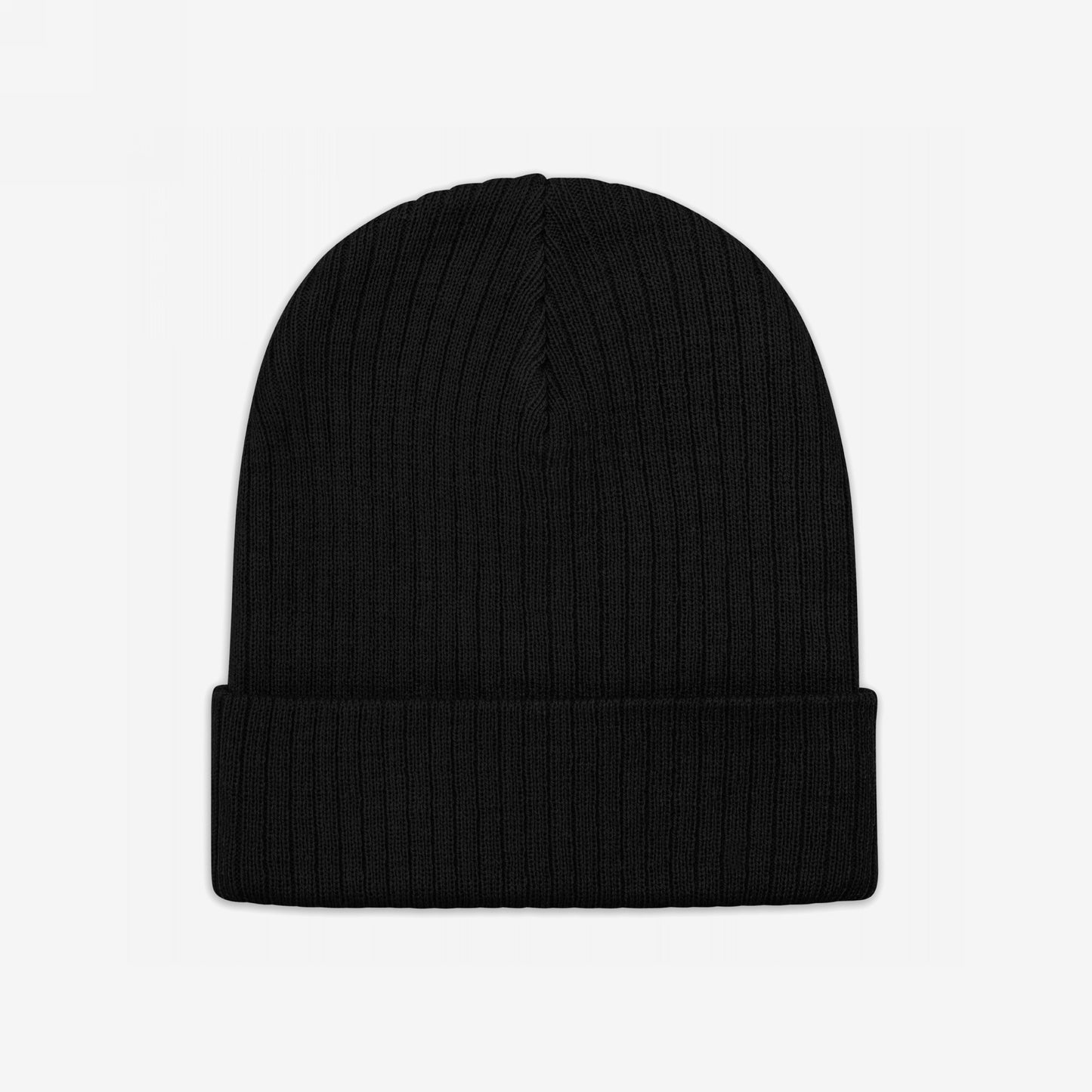 Knit Beanie In Custom Colors laid flat, featuring a ribbed stitch pattern and folded-over cuff, ready for custom anti-fascist or protest embroidery, ideal for making a bold statement in cold weather.