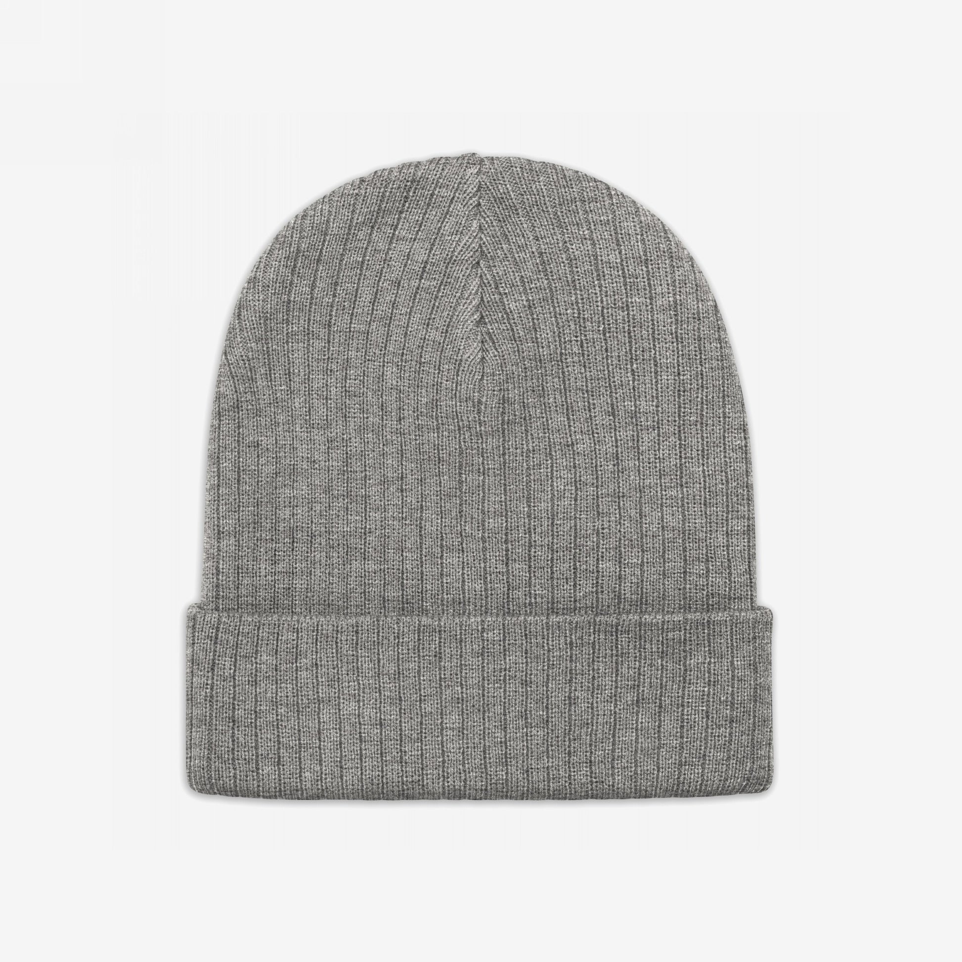 Knit Beanie In Custom Colors: A rib-knit beanie in medium heather gray, showcasing your choice of bold political or anti-fascist embroidery designs, perfect for expressing your beliefs with style and comfort.