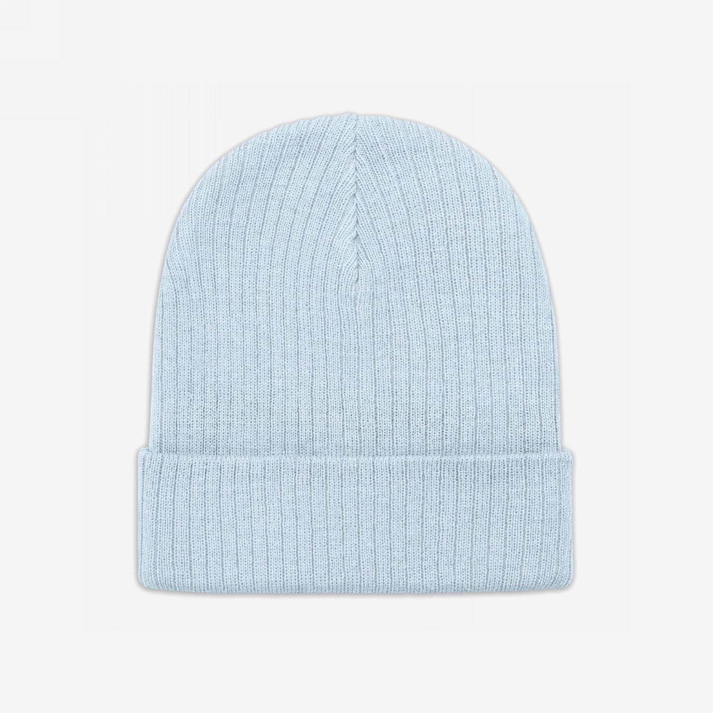 Light-blue, ribbed Knit Beanie In Custom Colors with a folded cuff, ideal for showcasing bold political or anti-fascist designs, made from recycled polyester for warmth, comfort, and style.