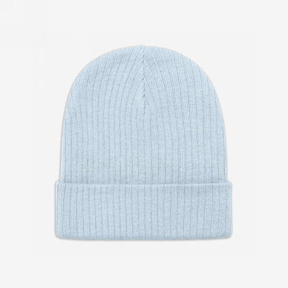 Light-blue, ribbed Knit Beanie In Custom Colors with a folded cuff, ideal for showcasing bold political or anti-fascist designs, made from recycled polyester for warmth, comfort, and style.