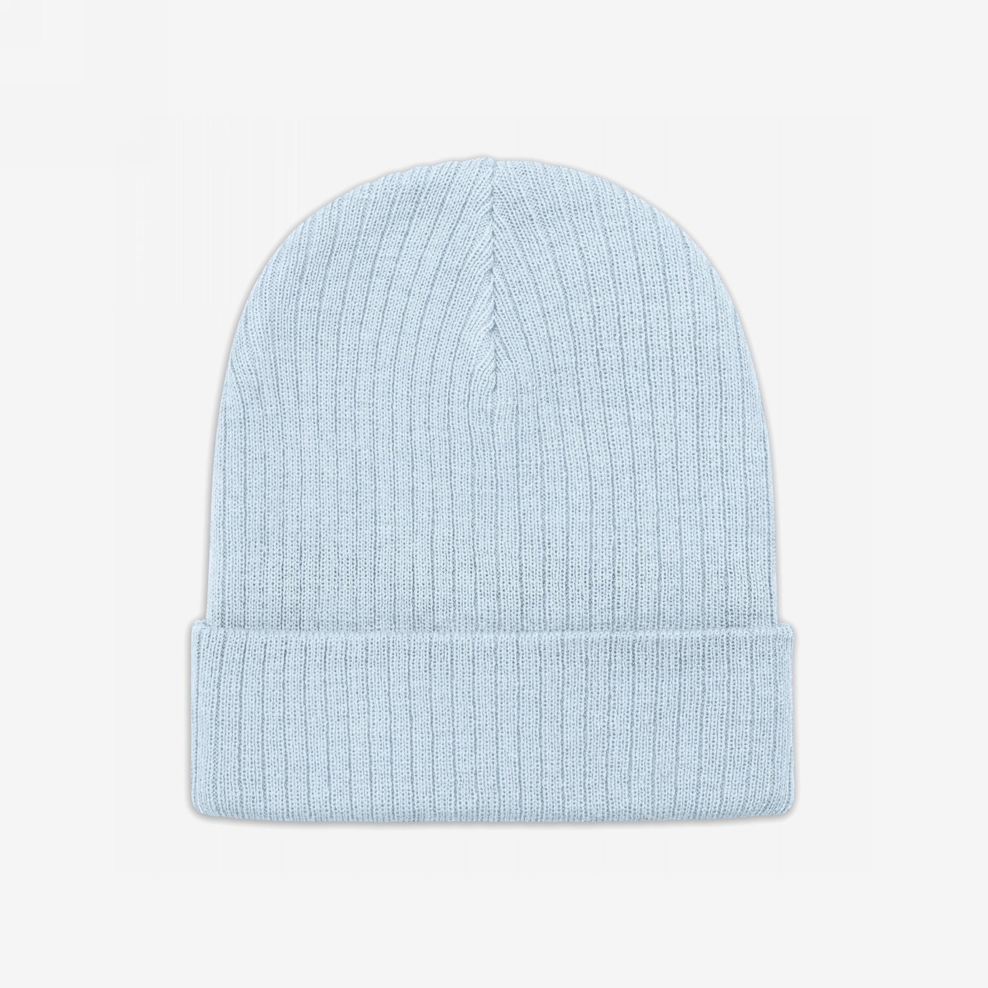 Knit Beanie In Custom Colors, a light-blue ribbed hat with a cuffed edge, laid flat. Ideal for cold weather and protests, customizable with bold embroidery to express anti-fascist beliefs.