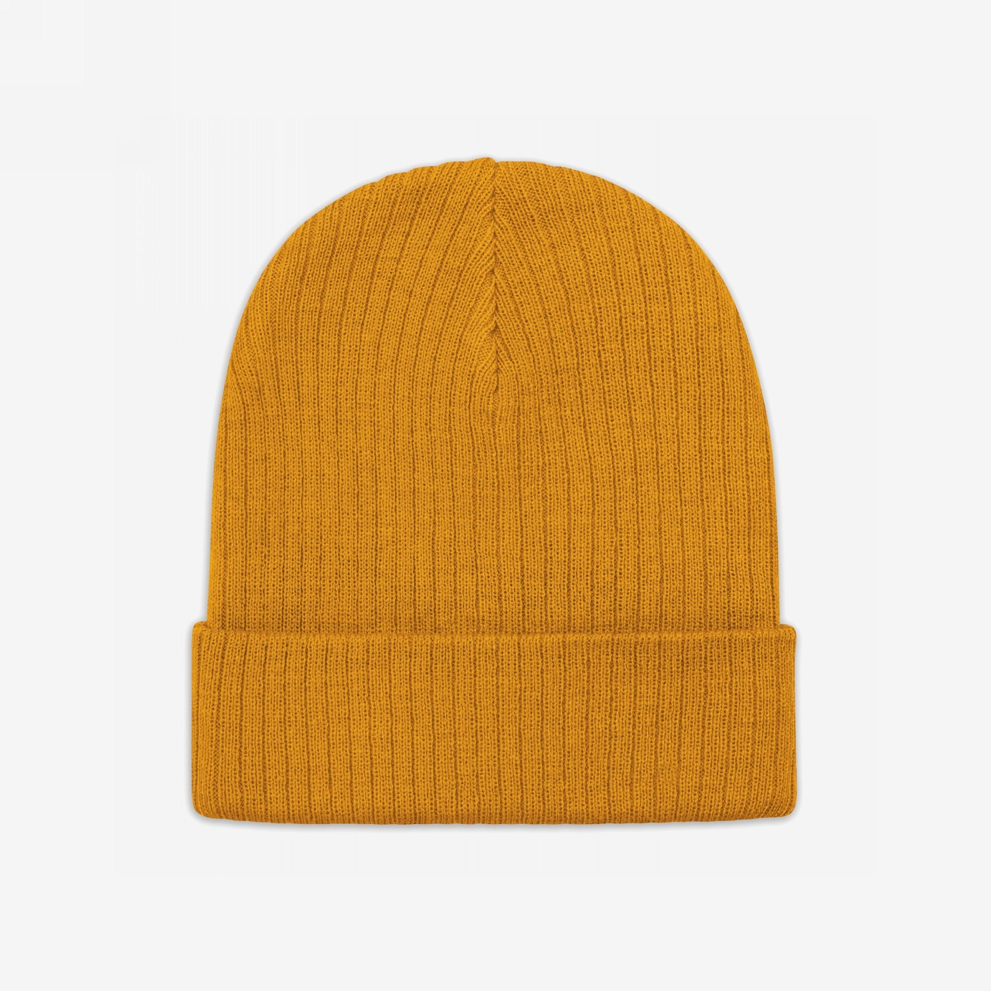 Knit Beanie In Custom Colors: A mustard-yellow, ribbed knit beanie with a cuffed edge, designed for warmth and protest. Choose your bold anti-fascist embroidery to make a statement.