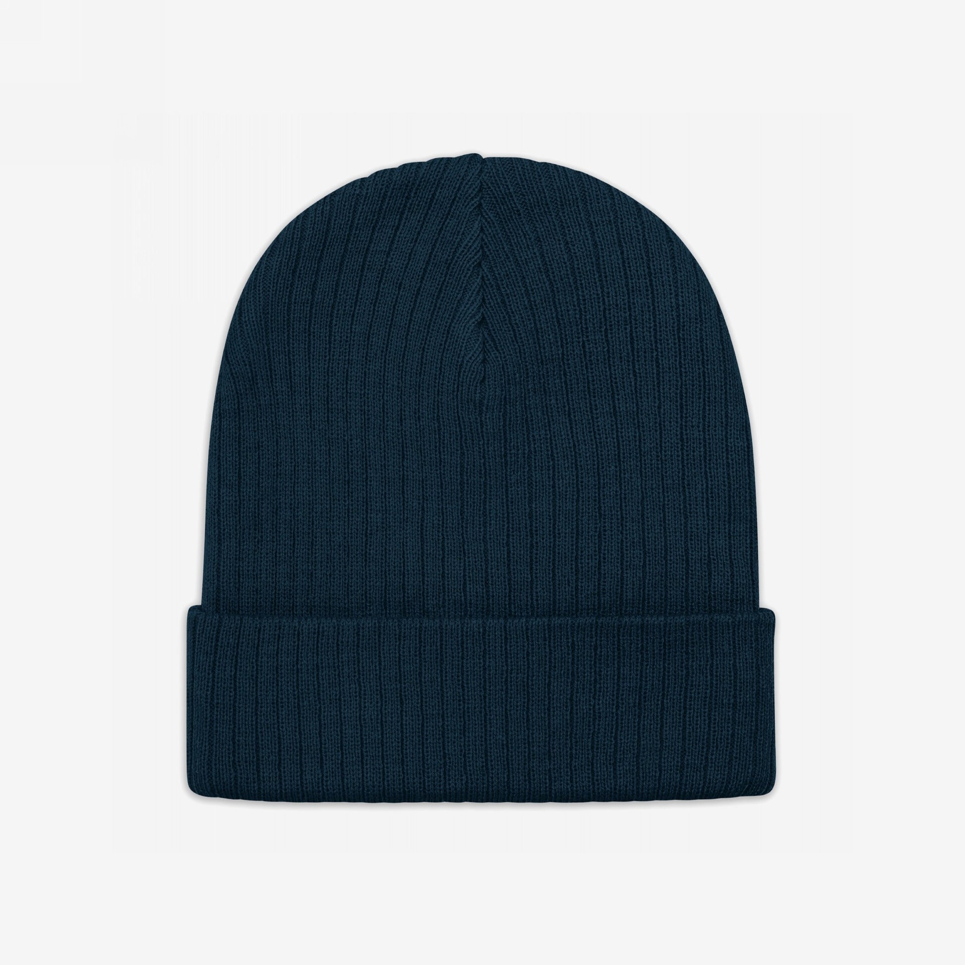 Knit Beanie In Custom Colors: A dark-blue, ribbed knit beanie with a cuffed style, designed for warmth and comfort. Ideal for showcasing bold political designs, made from soft, durable recycled polyester.