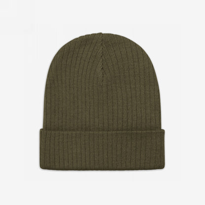 Knit Beanie In Custom Colors, featuring a rib-knit design with a folded cuff, made from recycled polyester. The olive-green beanie is displayed flat on a white background, ready for custom embroidery.