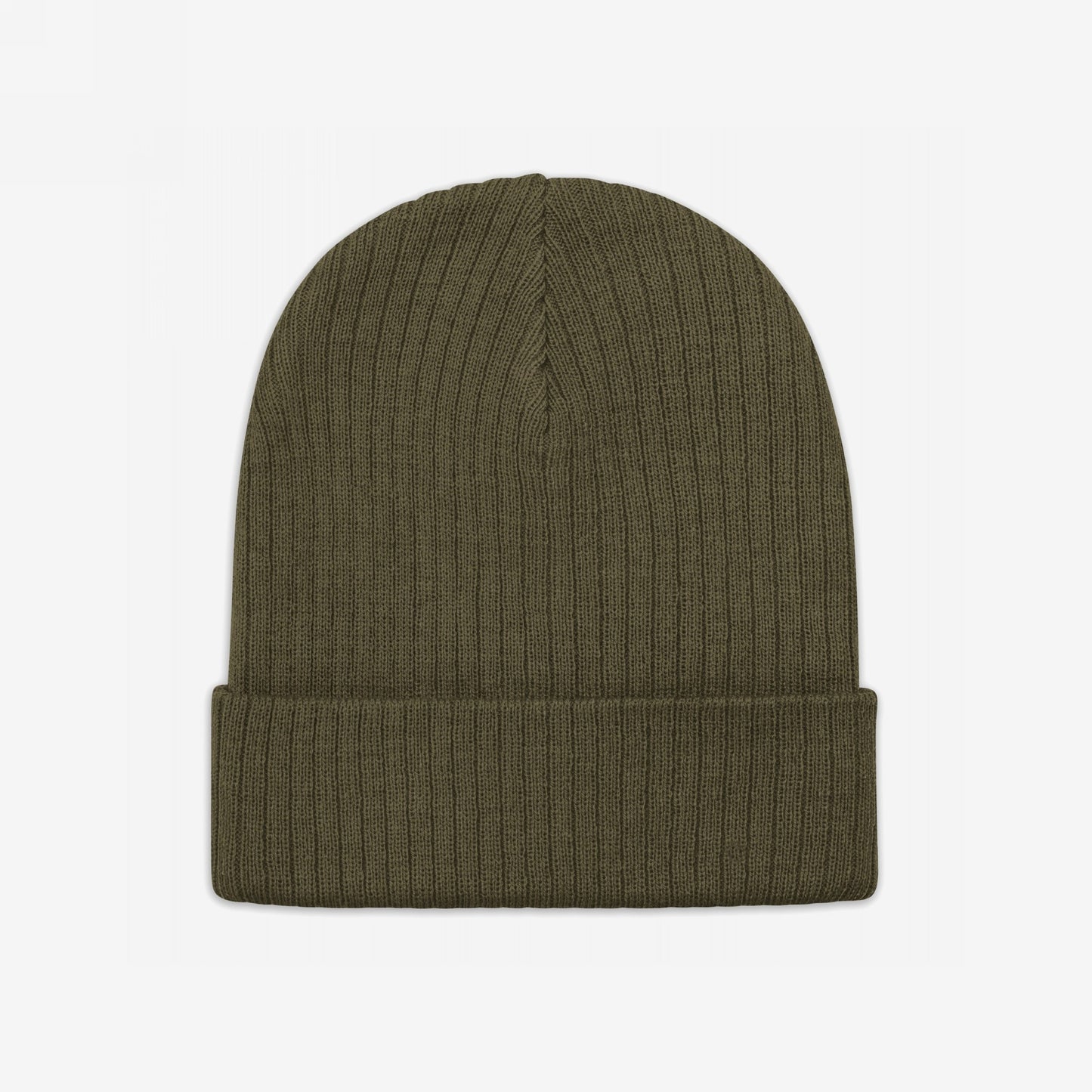 Knit Beanie In Custom Colors, an olive-green rib-knit beanie with a cuffed edge, ideal for cold days and protests. Features a folded brim and rounded top, perfect for bold, personalized embroidery designs.