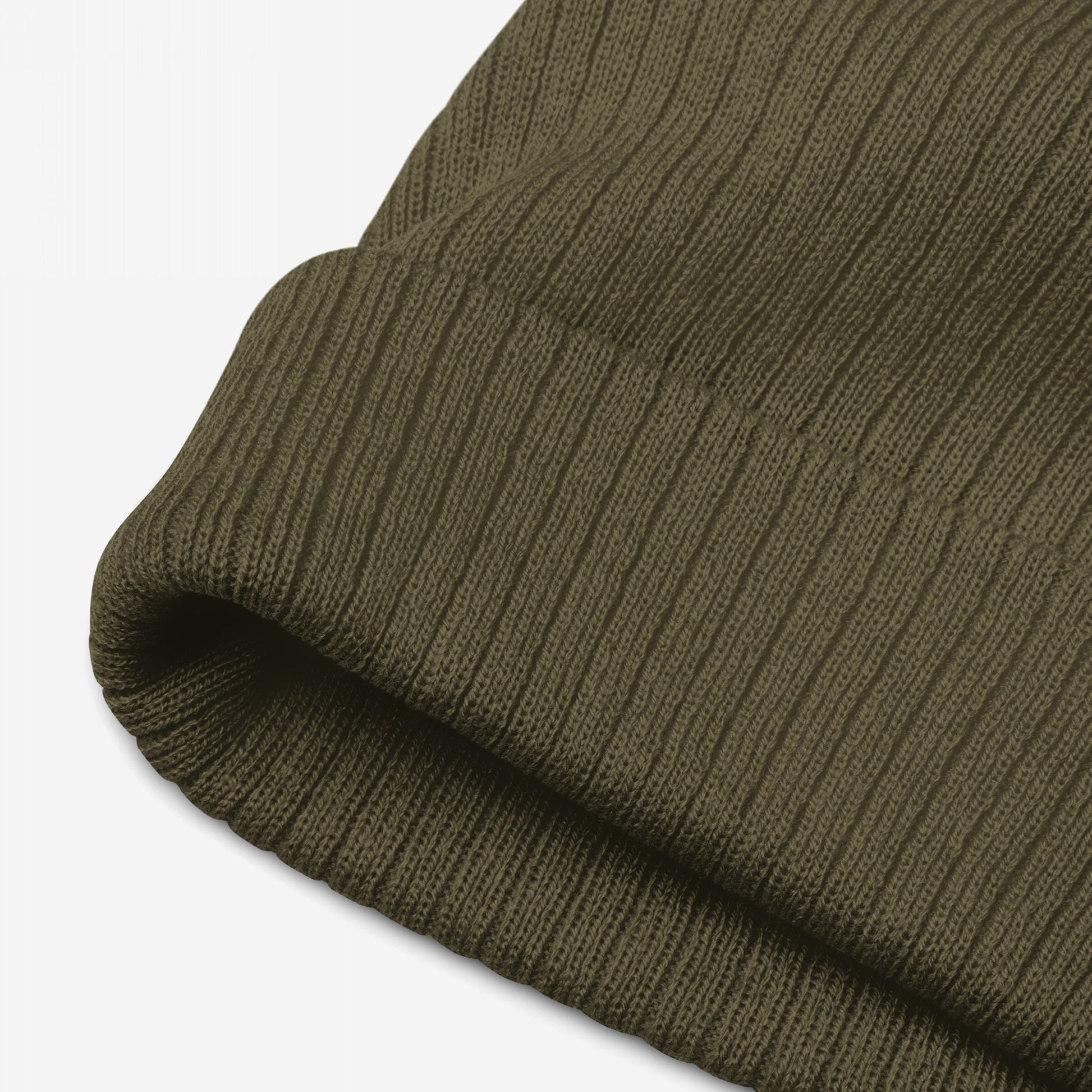 Knit Beanie In Custom Colors: Close-up of an olive-green rib-knit beanie with a folded cuff, ready for custom embroidery to express bold political or anti-fascist messages. Made from soft, durable recycled polyester.