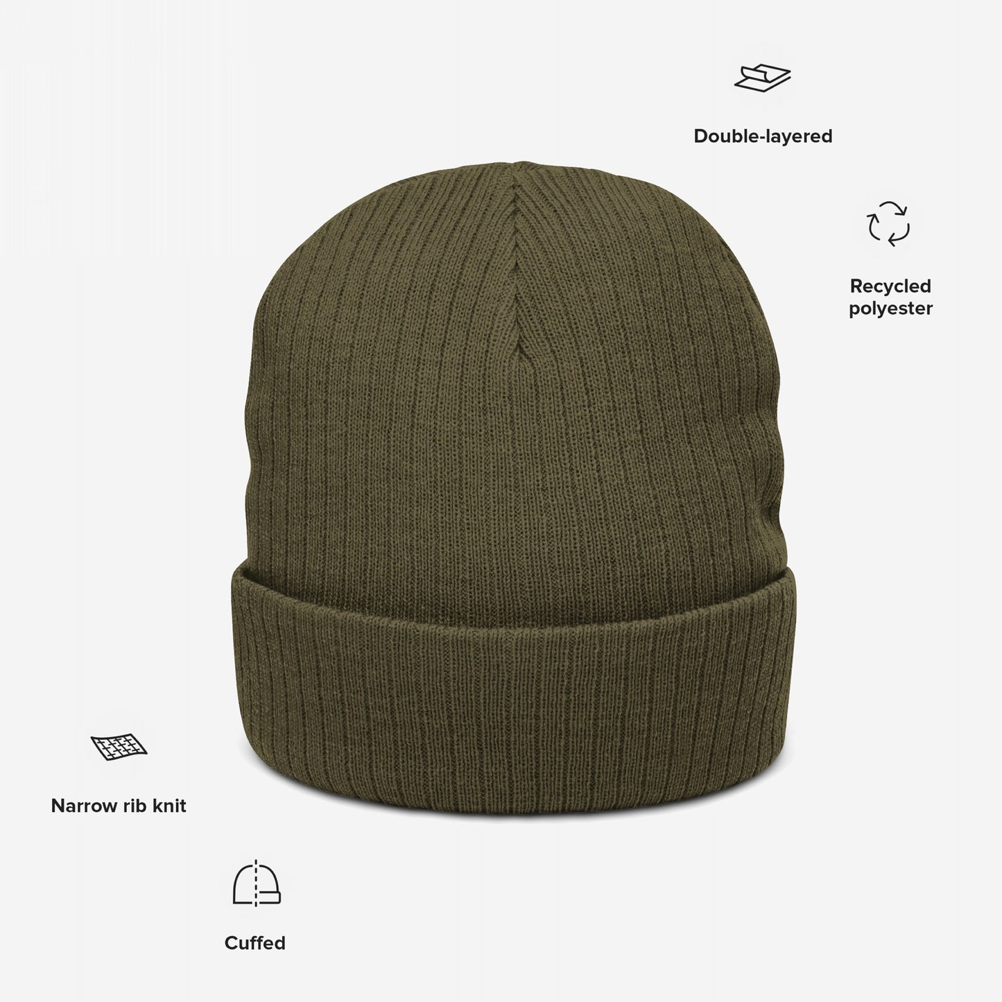 Knit Beanie In Custom Colors: Olive-green cuffed beanie with narrow ribbing, double-layered for warmth, crafted from recycled polyester. Personalize with bold political or anti-fascist designs to express your beliefs.