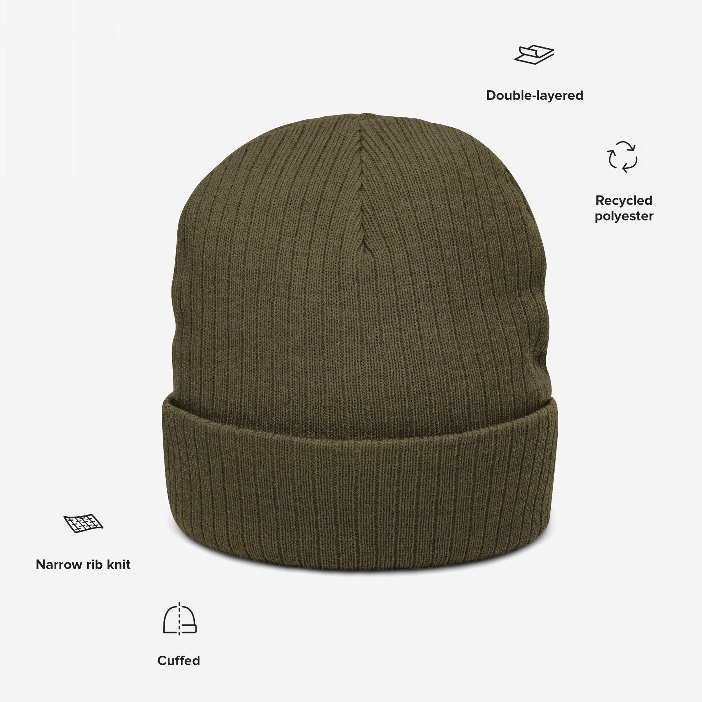 Knit Beanie In Custom Colors: Olive-green cuffed beanie with narrow ribbing, double-layered for warmth, crafted from recycled polyester. Personalize with bold political or anti-fascist designs to express your beliefs.