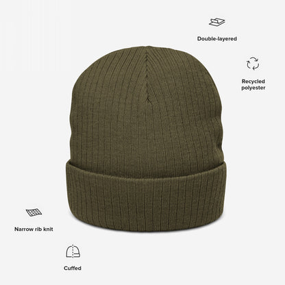 Knit Beanie In Custom Colors: Olive-green cuffed beanie with narrow ribbing, double-layered for warmth, crafted from recycled polyester. Personalize with bold political or anti-fascist designs to express your beliefs.