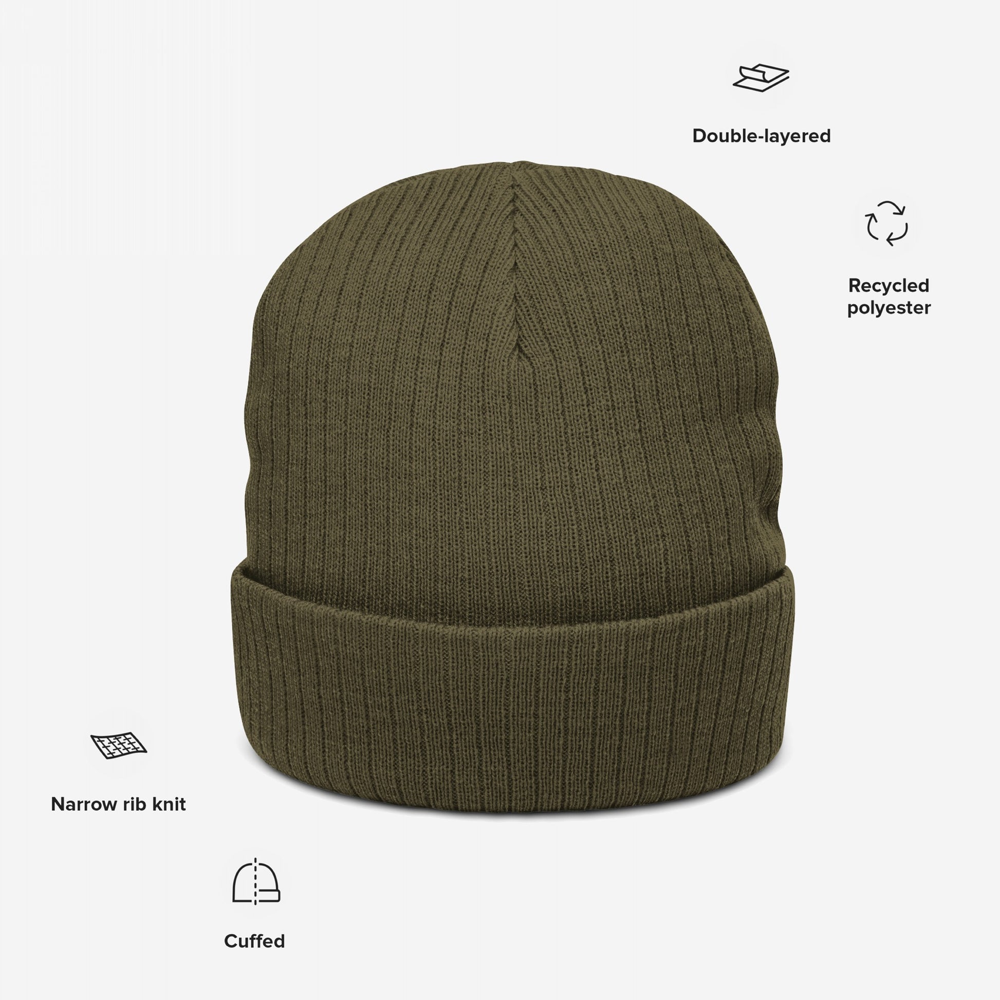 Knit Beanie In Custom Colors: Olive-green, cuffed beanie with a narrow-rib knit and double-layered for warmth, designed for protest visibility. Made from recycled polyester, ready for custom anti-fascist embroidery.